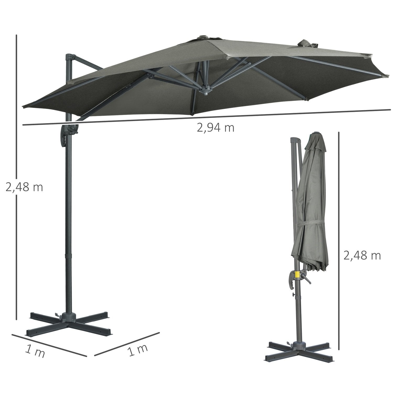 Parasoll 294X294Cm Roterande Cantilever Paraply Med Paraplystativ, Vev, Aluminium, För Trädgård/Balkong, Grå