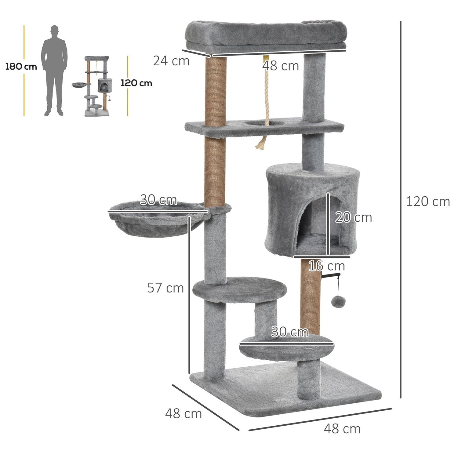 Kattskrapstolpe 120Cm Med Korg, Kattgrotta, Lekboll, Klättertorn Inomhus, Jutestam, Ljusgrå, Upp Till 5 Kg