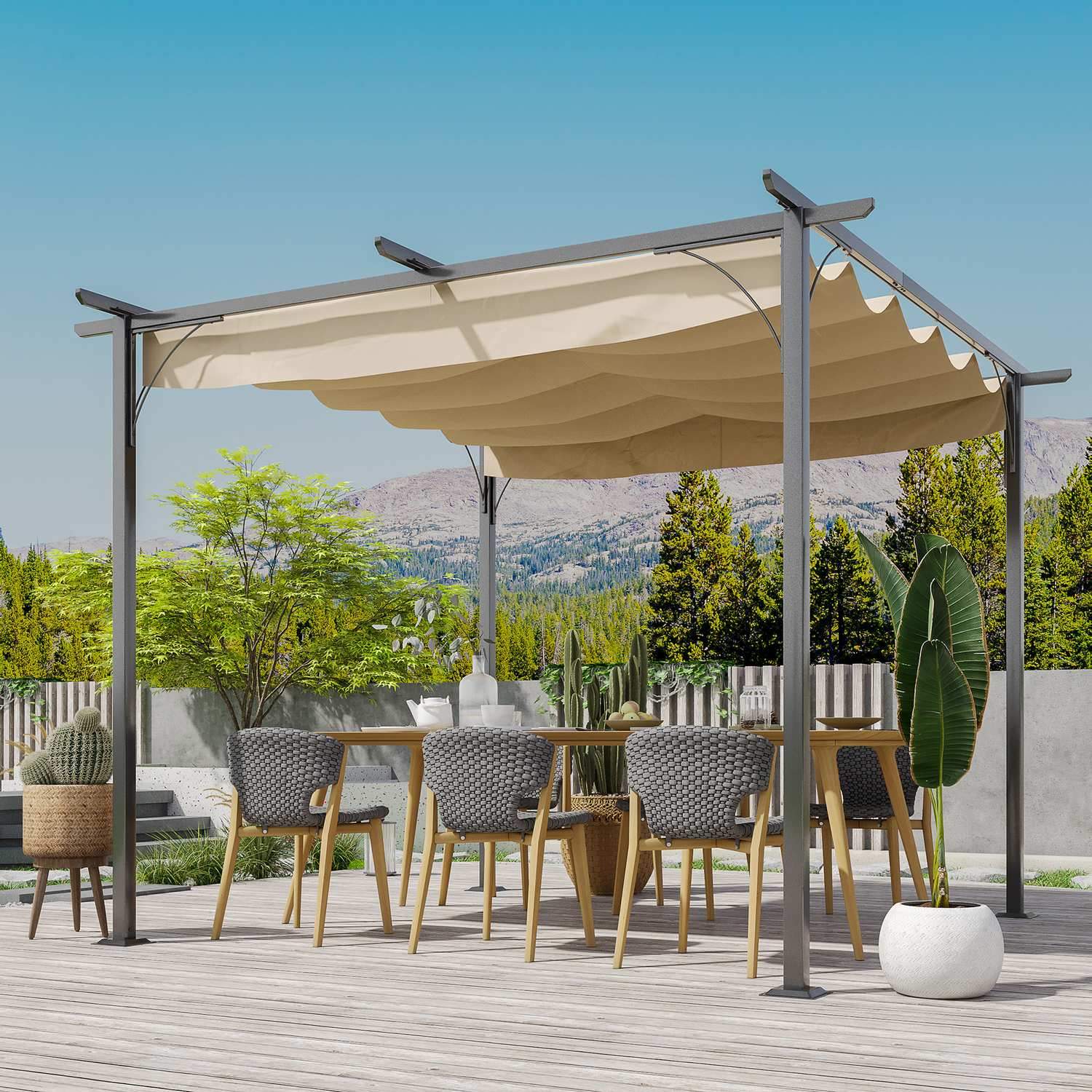 Pergola Vattentät Gazebo 3 X 3 M Altantak Med Skjuttak, Uv-Skydd För Trädgården Aluminium Beige