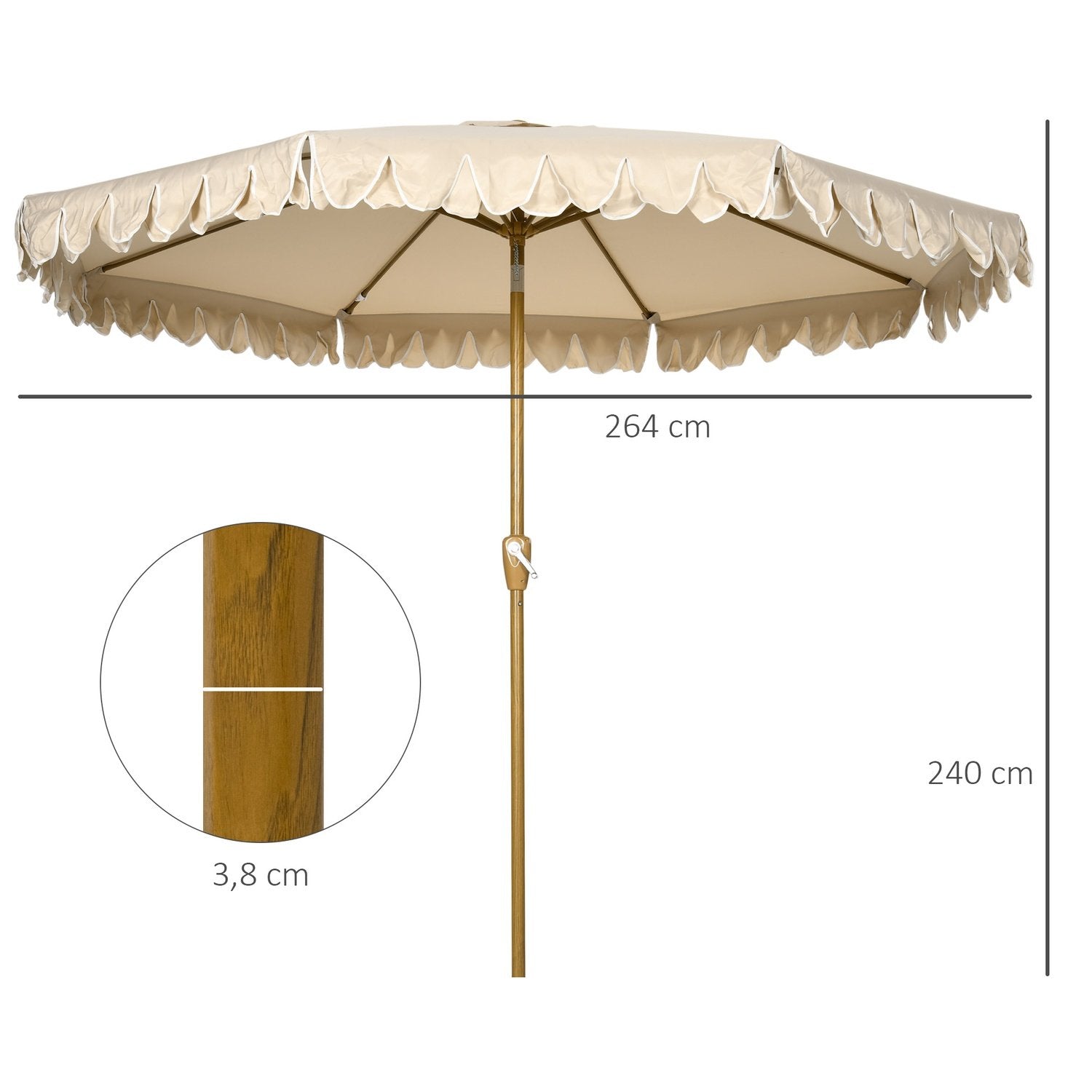 Parasoll Diameter 265 Cm Strandparasoll Med Fransar Uteplatsparasoll Med Justerbar Lutning 8 Stöttor För Trädgårdsbalkong Khaki