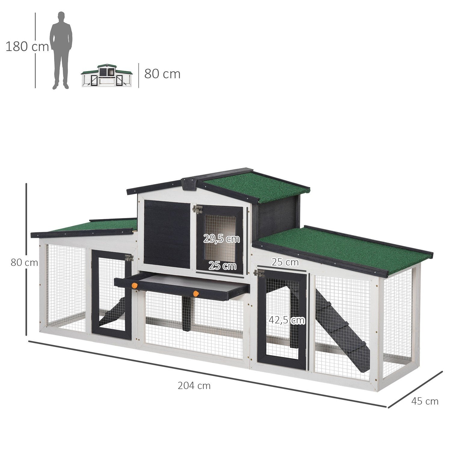 Smådjursbur Smådjursbur 204 X 45 X 80 Cm Dvärgkaninbur Med Asfalttak Och Utomhusinhägnad Dubbeldäckad Gran Trä Mörkgrå + Vit