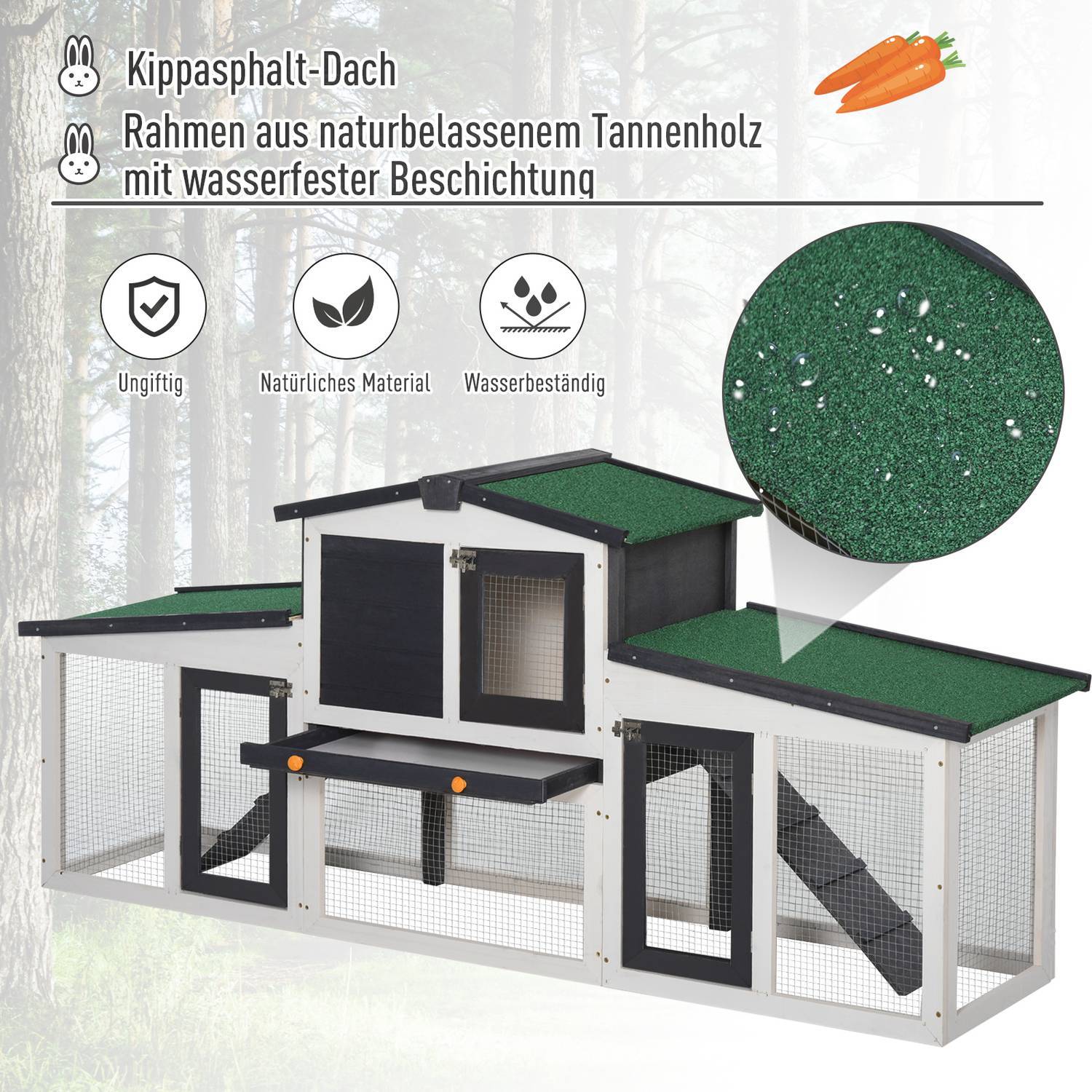 Smådjursbur Smådjursbur 204 X 45 X 80 Cm Dvärgkaninbur Med Asfalttak Och Utomhusinhägnad Dubbeldäckad Gran Trä Mörkgrå + Vit