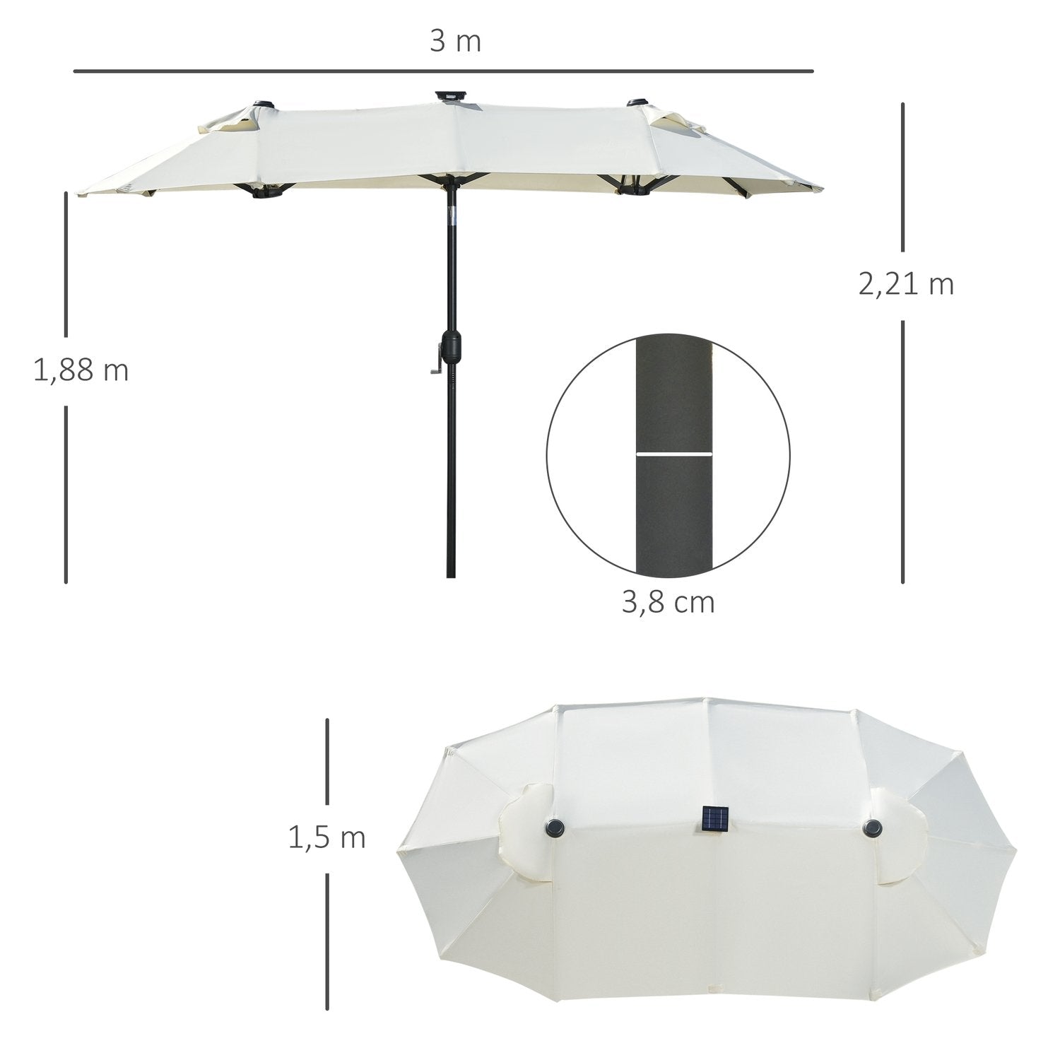 Parasoll, 295 X 219 Cm Dubbelparasoll, Trädgårdsparaply Med Led, Marknadsparaply Med Justerbar Lutningsvinkel, Polyester, Stål, Beige