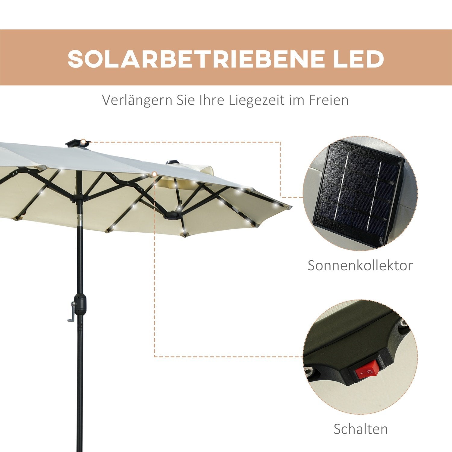 Parasoll, 295 X 219 Cm Dubbelparasoll, Trädgårdsparaply Med Led, Marknadsparaply Med Justerbar Lutningsvinkel, Polyester, Stål, Beige