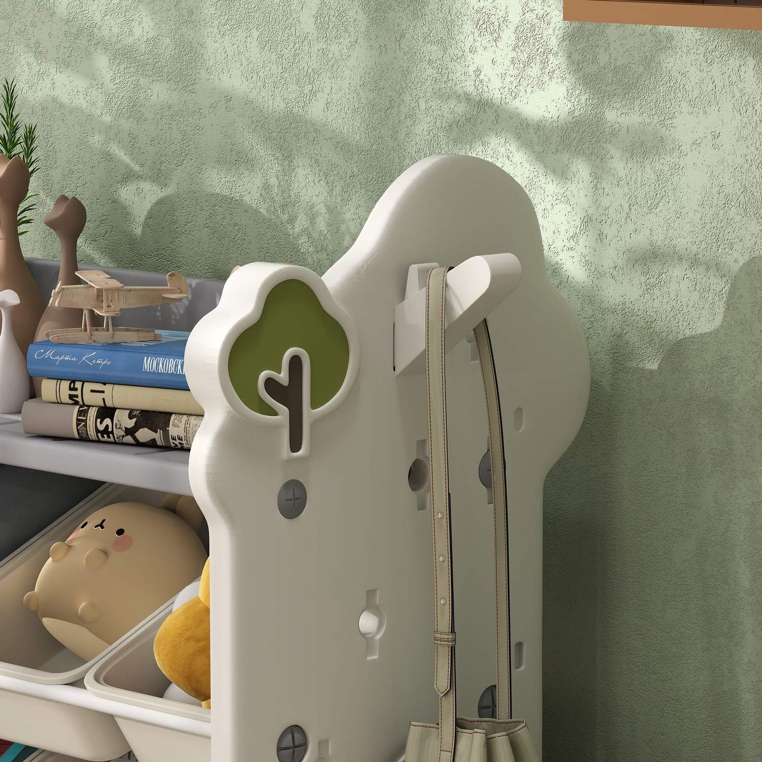 Leksakshylla i 4 våningar för barn, 9 löstagbara papperskorgar, gräddvit