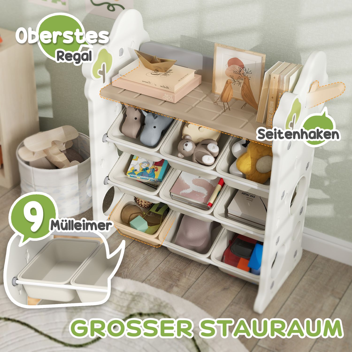 Leksakshylla i 4 våningar för barn, 9 löstagbara papperskorgar, gräddvit