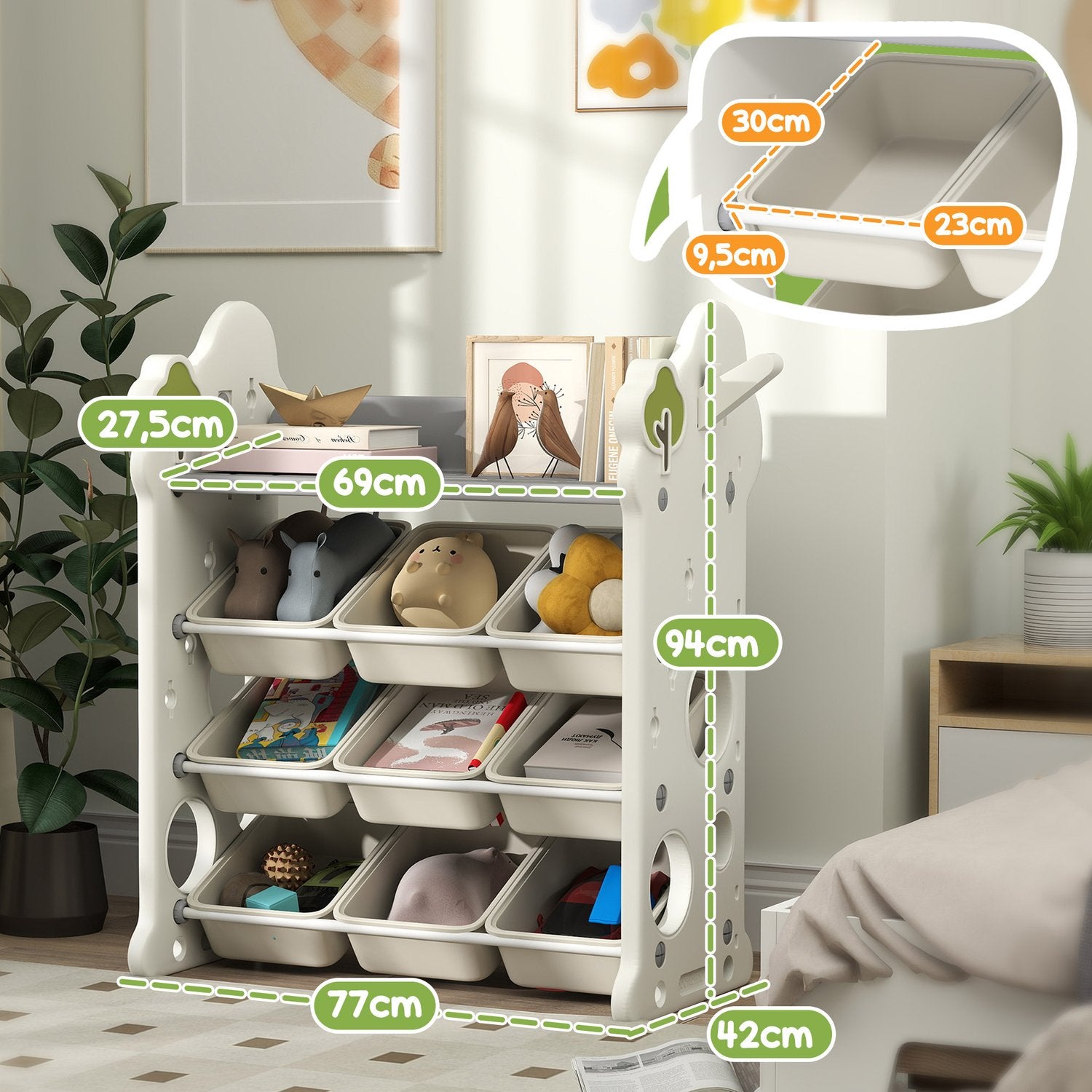 Leksakshylla i 4 våningar för barn, 9 löstagbara papperskorgar, gräddvit