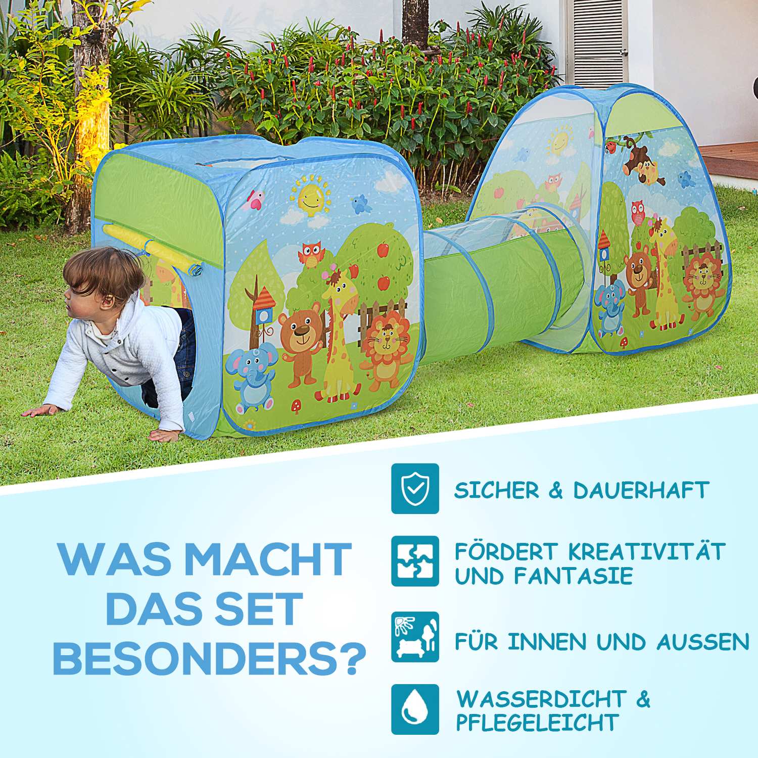 Lektält för barn med 3-delad vikbar tunnel, polyestertyg