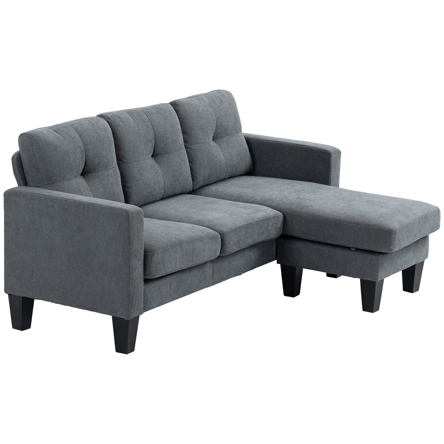 L-vormige hoekbank met chaise longue die aan beide zijden kan worden bevestigd, gestoffeerde bank, donkergrijs