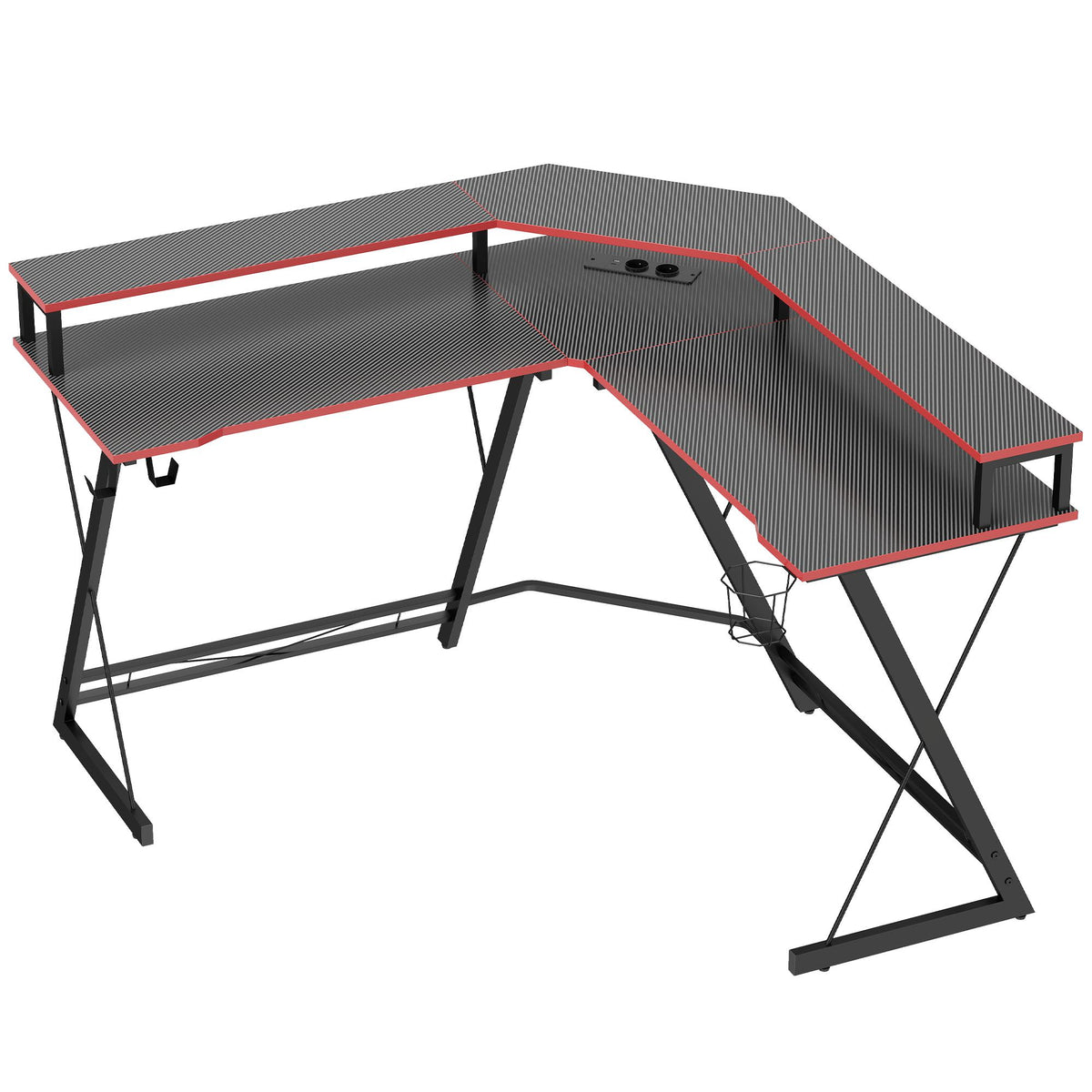 L-vormig computerbureau van 128 cm met AC/USB-aansluitingen en monitorstandaard