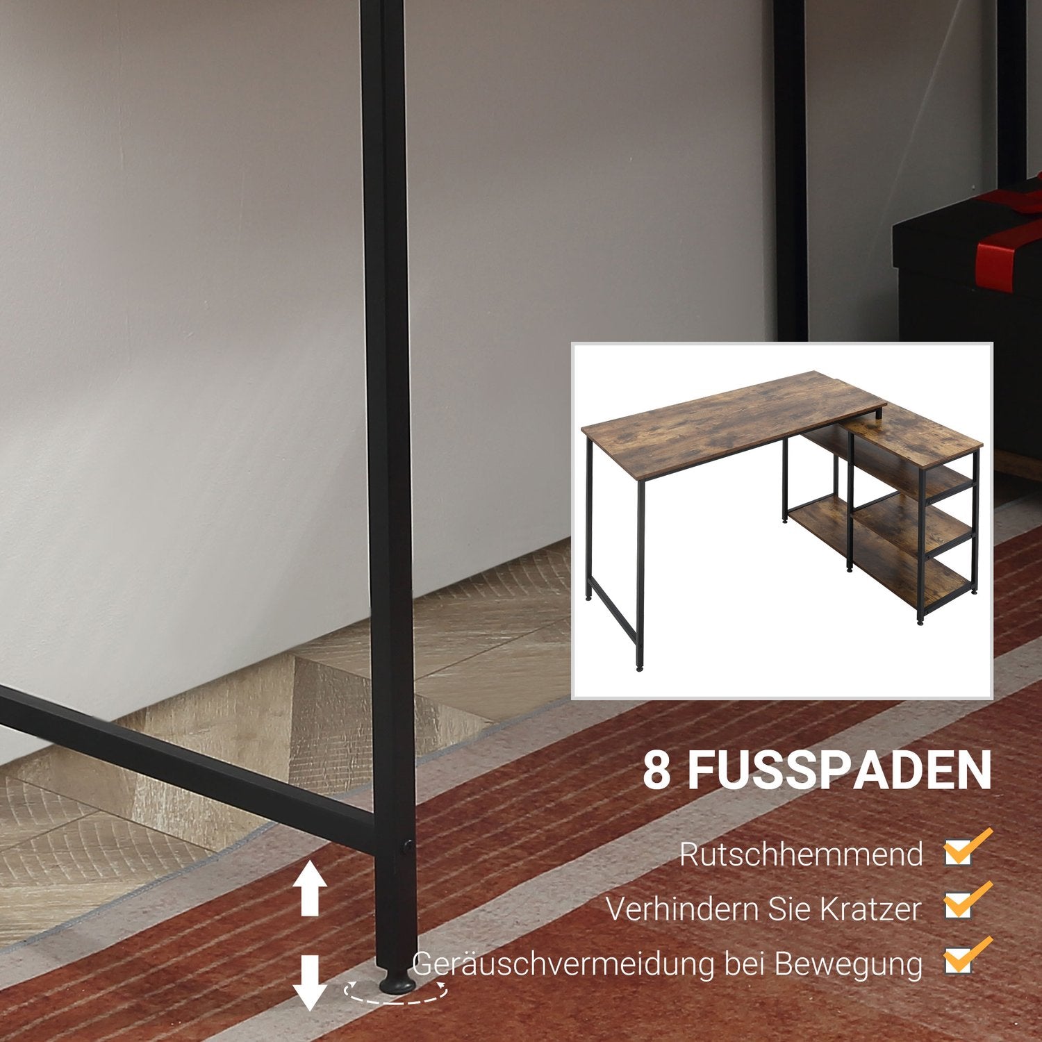 L-format hörnskrivbord, rustikt brunt, med hylla och låda