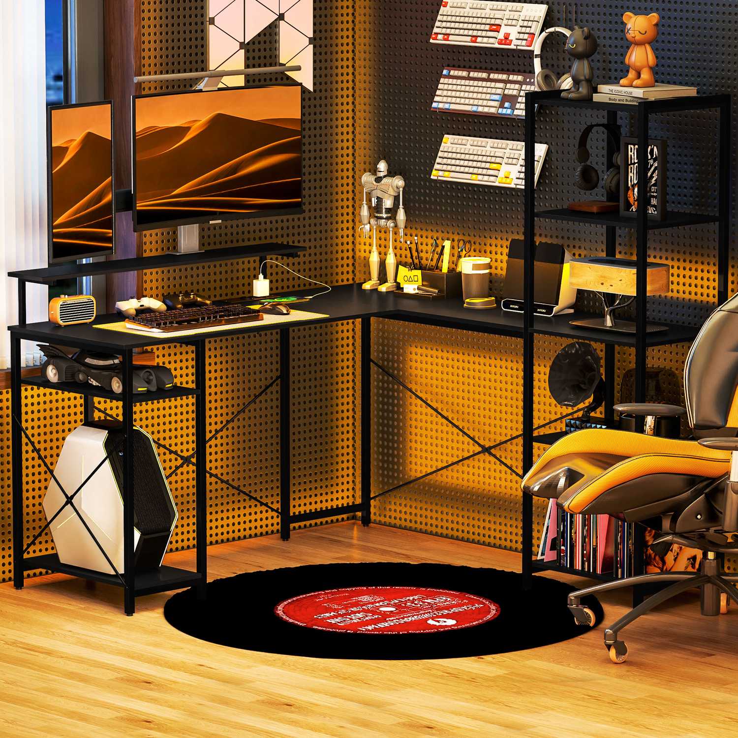 L-format kontorsbord med förvaringshyllor och USB-port