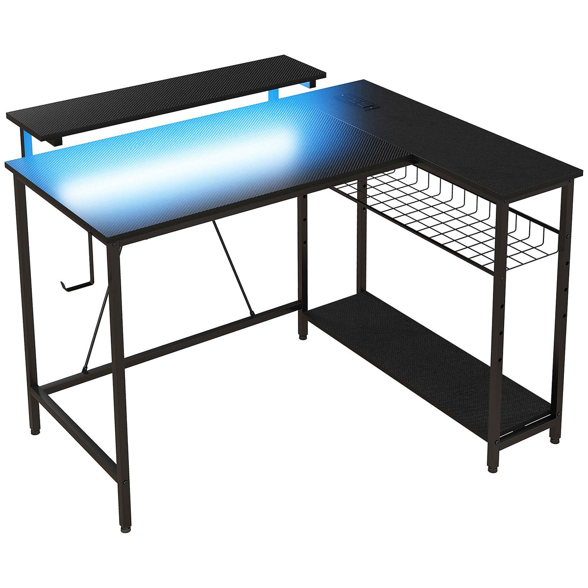 L-vormig bureau met ledverlichting, stopcontacten, USB, omkeerbaar, zwart