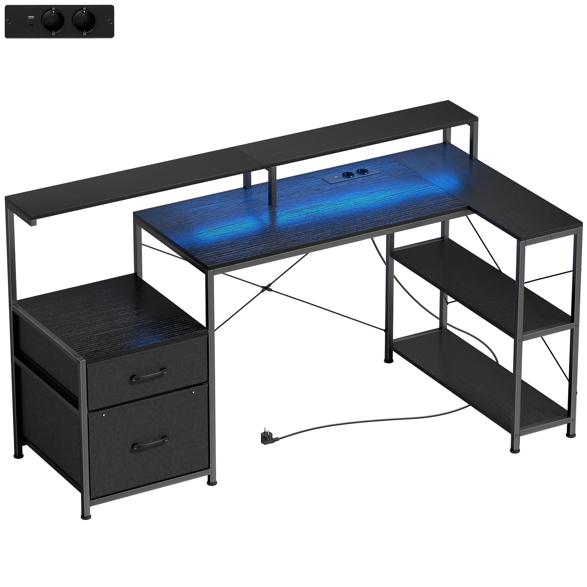 L-vormig bureau voor gaming met ledverlichting, stopcontact en standaard voor twee monitoren