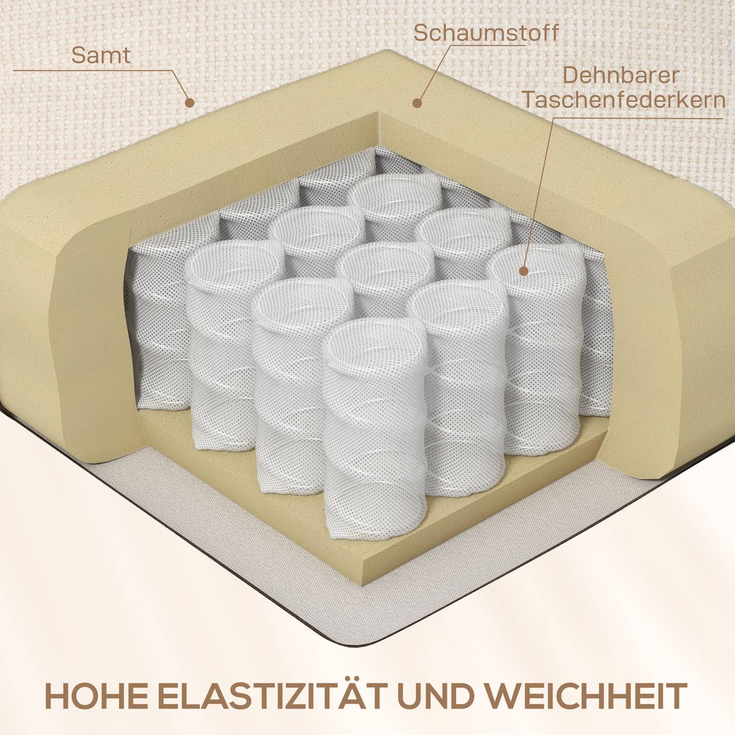 Liggande gung-TV-stol med fotstöd och mugghållare, beige