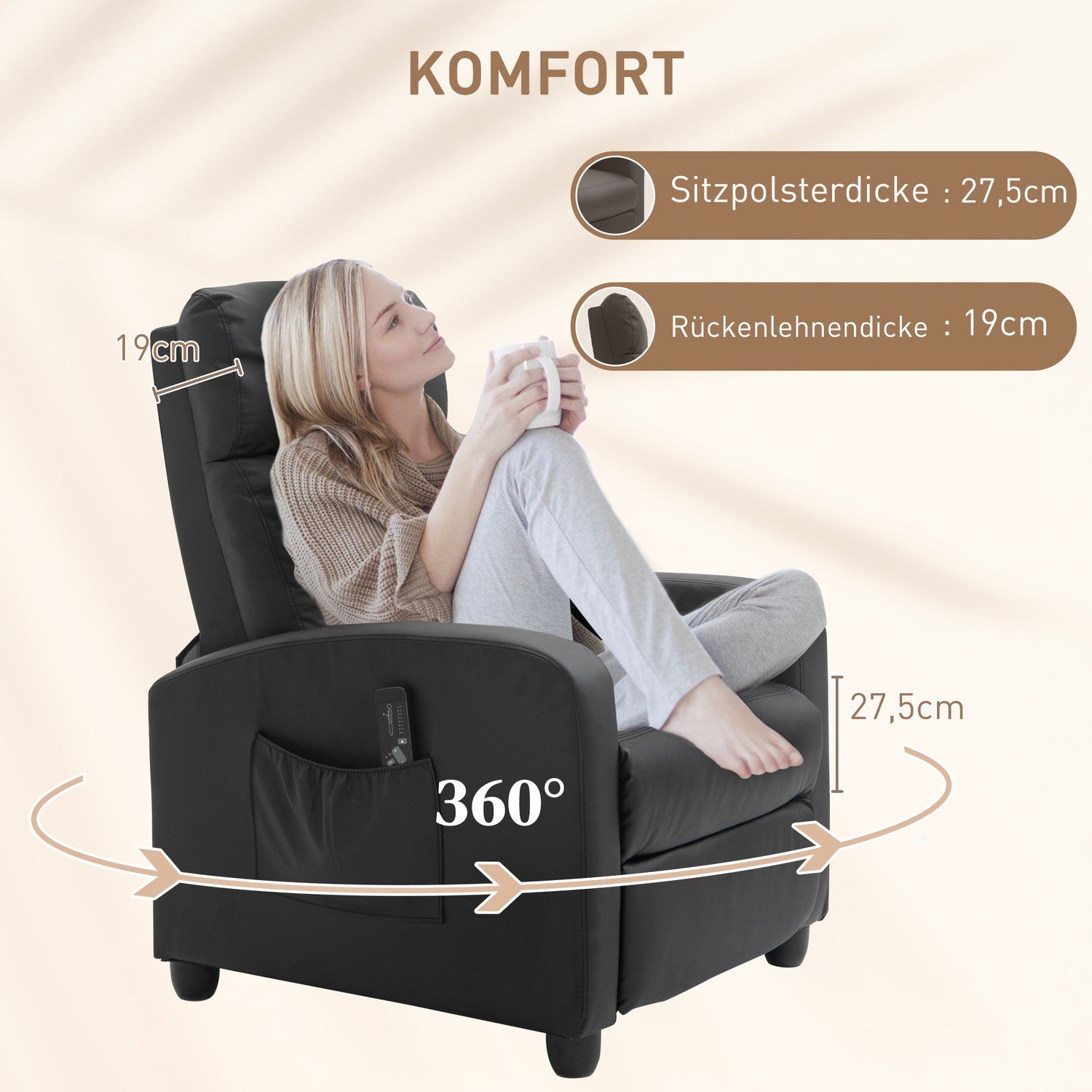 Liggande massage- och avslappningsstol, svart PU-skum