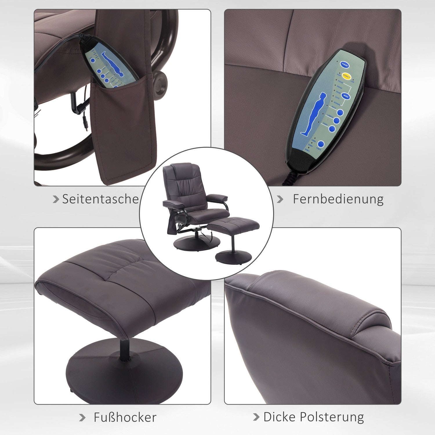 Liggande massagestol i brunt konstläder med ottoman