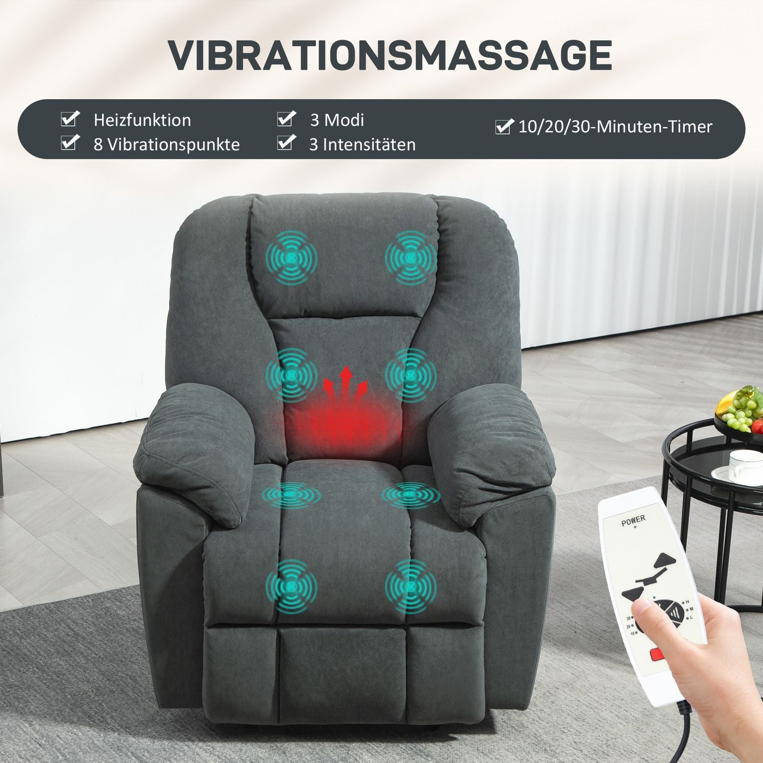 Liggande massagestol m/ värme & USB, mörkgrå