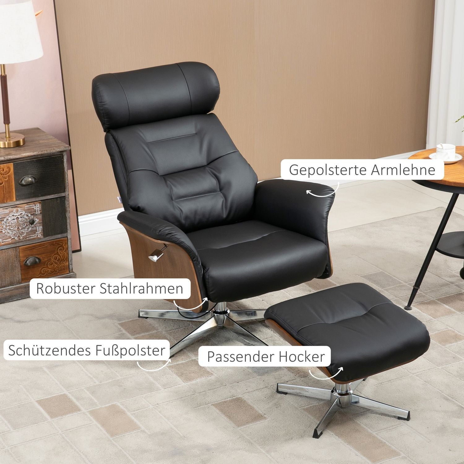 Liggstol med ottomansk, vridbar, konstläder, svart