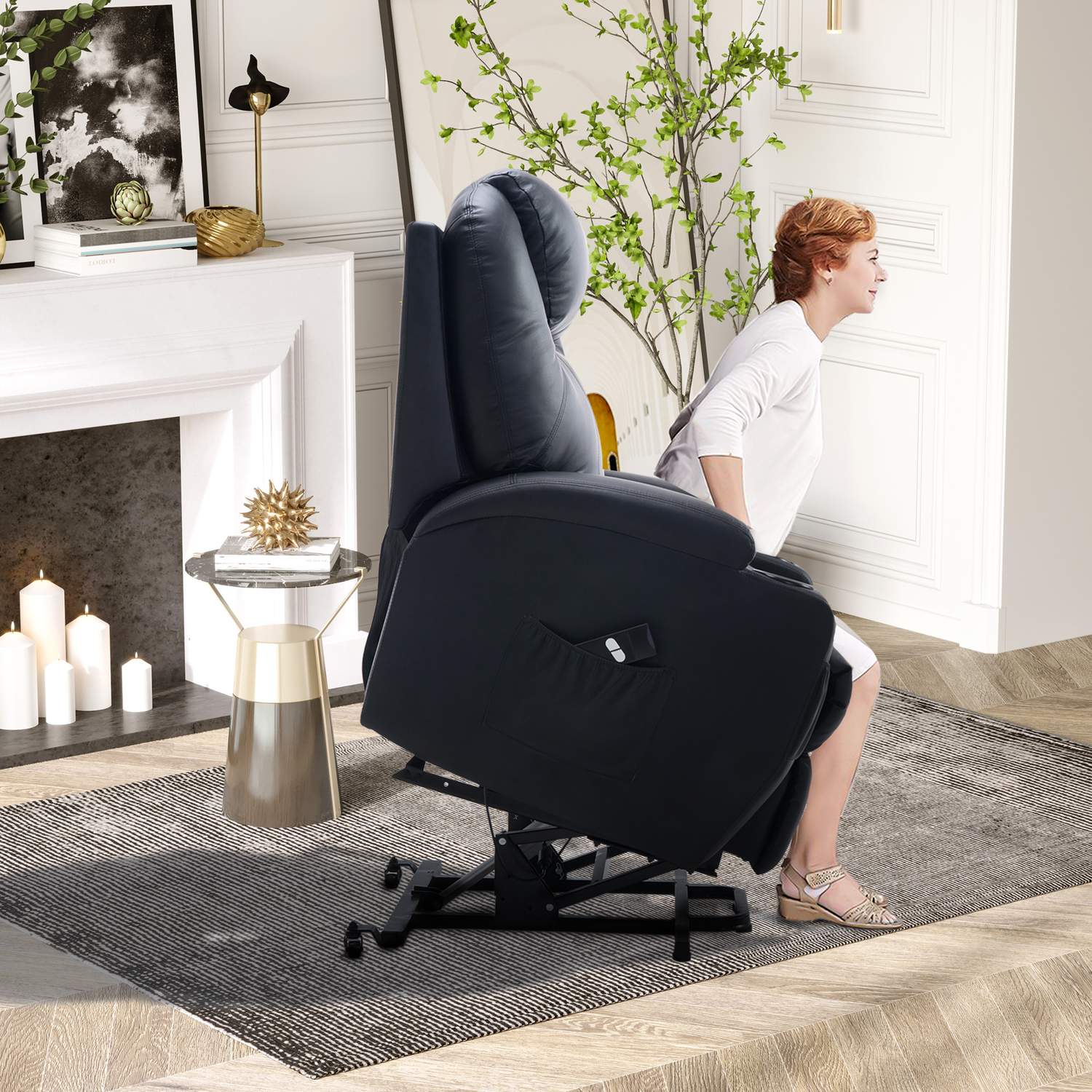 Liggstol med ståhjälp, svart konstläder, justerbar