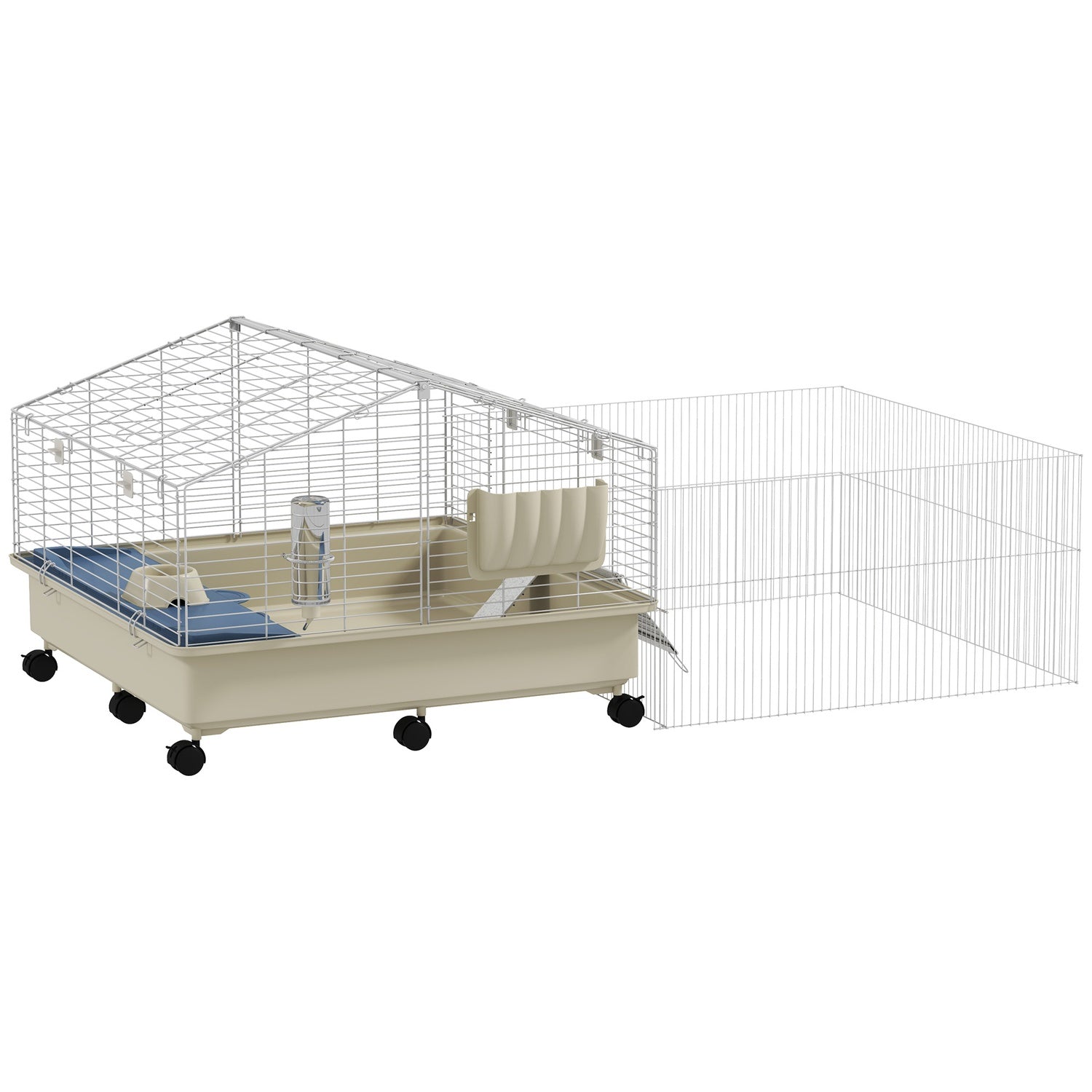 Kleine dierenkooi met speelren, wielen en accessoires