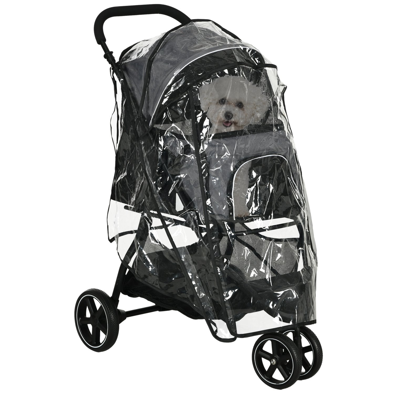 Kleine hondenbuggy met regenhoes en opbergmand