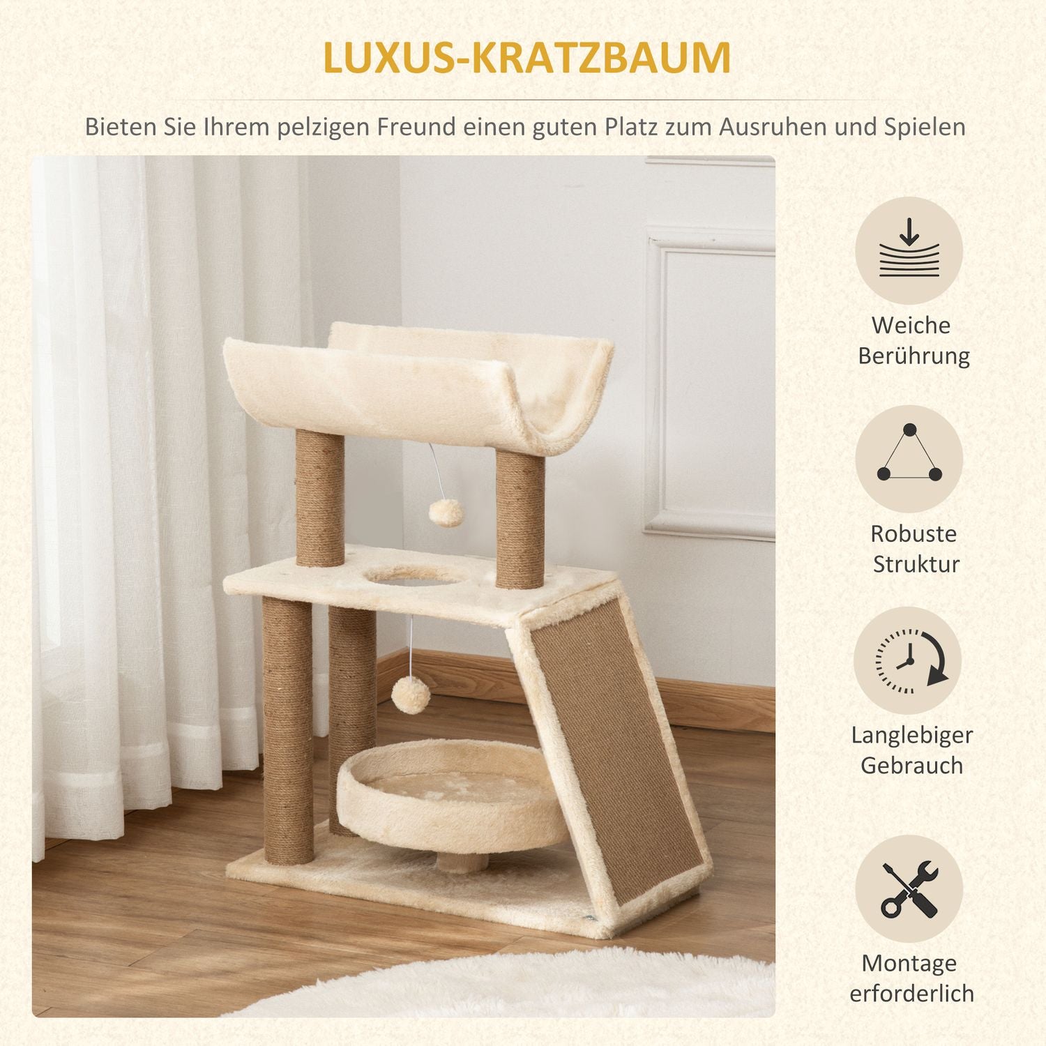 Liten kattskrapstolpe med säng och lekboll – 76 cm