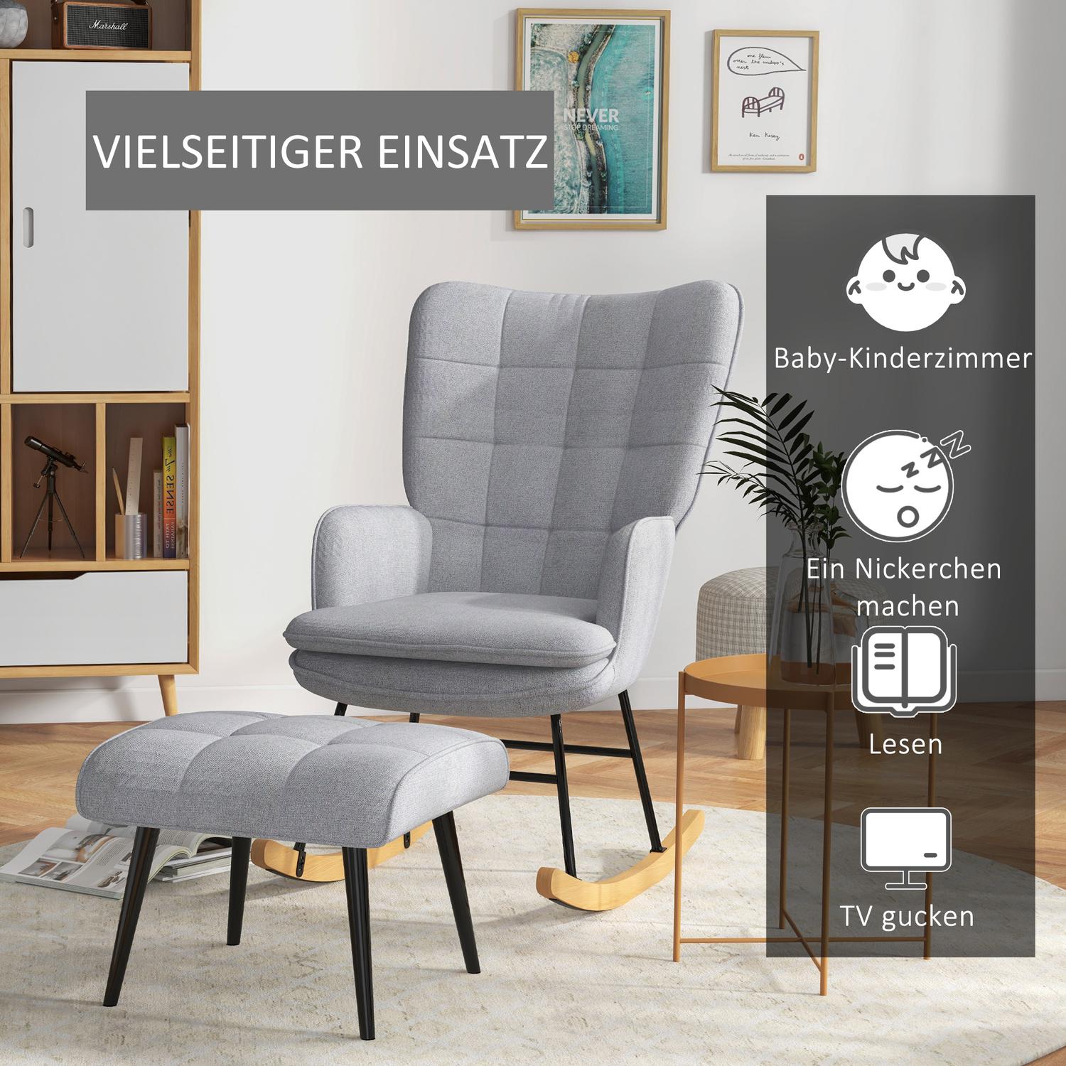 Ljusgrå gungstol i linne-look med pall, 130 kg Kapacitet