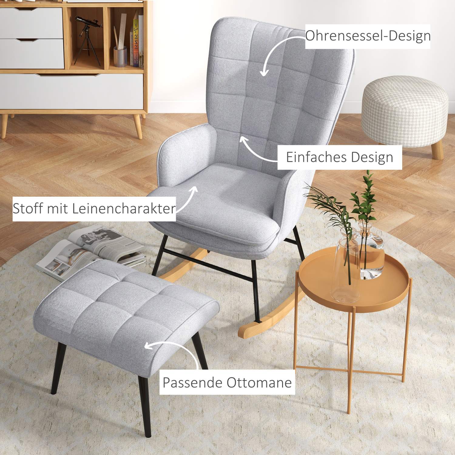 Ljusgrå gungstol i linne-look med pall, 130 kg Kapacitet