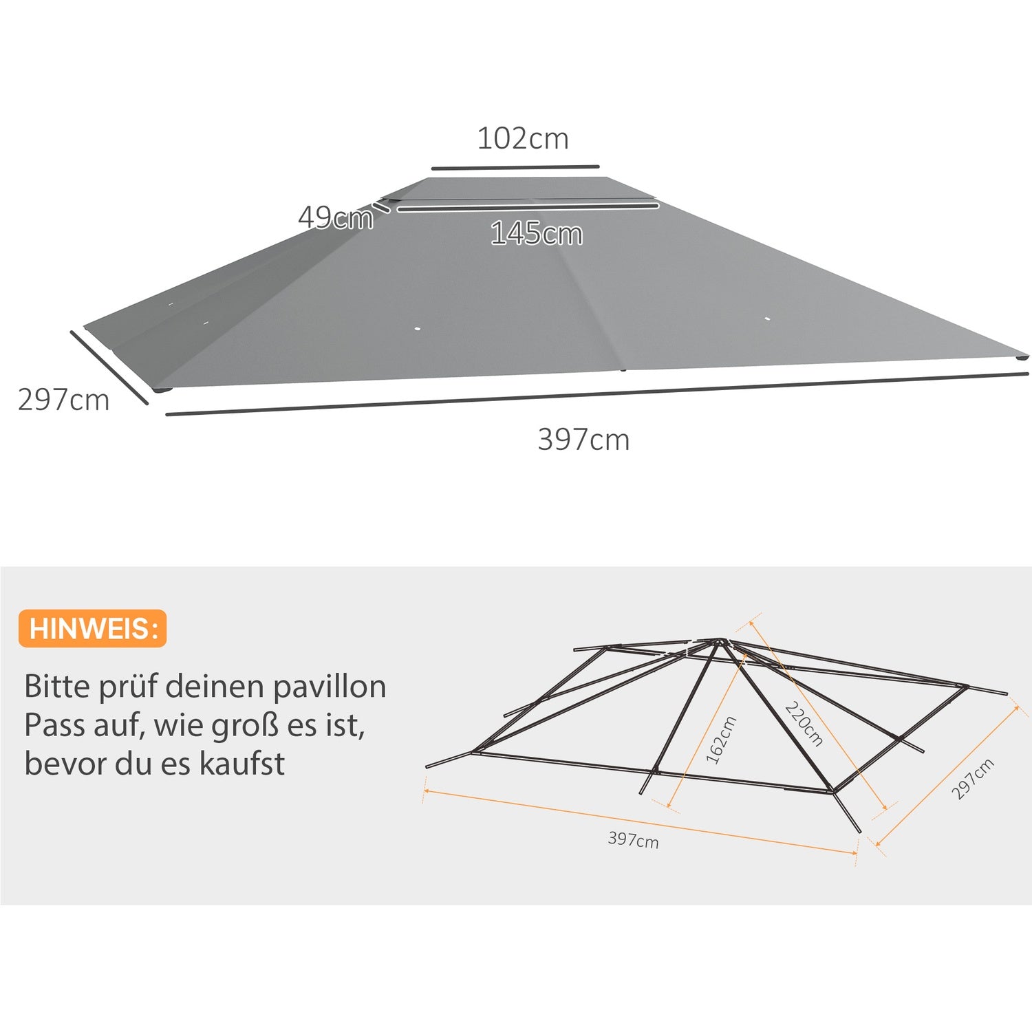 Ljusgrå paviljongtaksbyte 4x3m, UV 30+, vattenavvisande