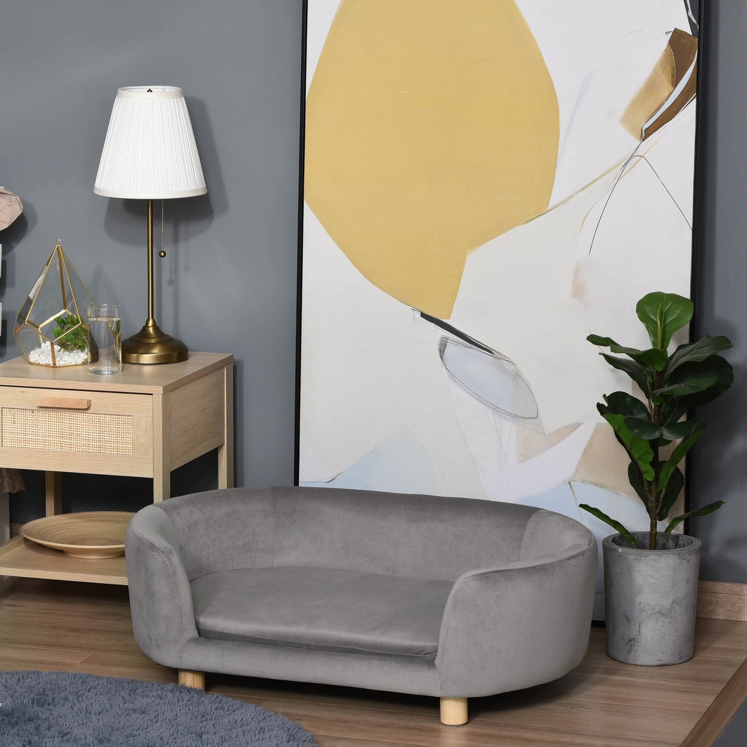 Ljusgrå sammetsbäddsoffa för husdjur, skumkudde, 86x55x33 cm