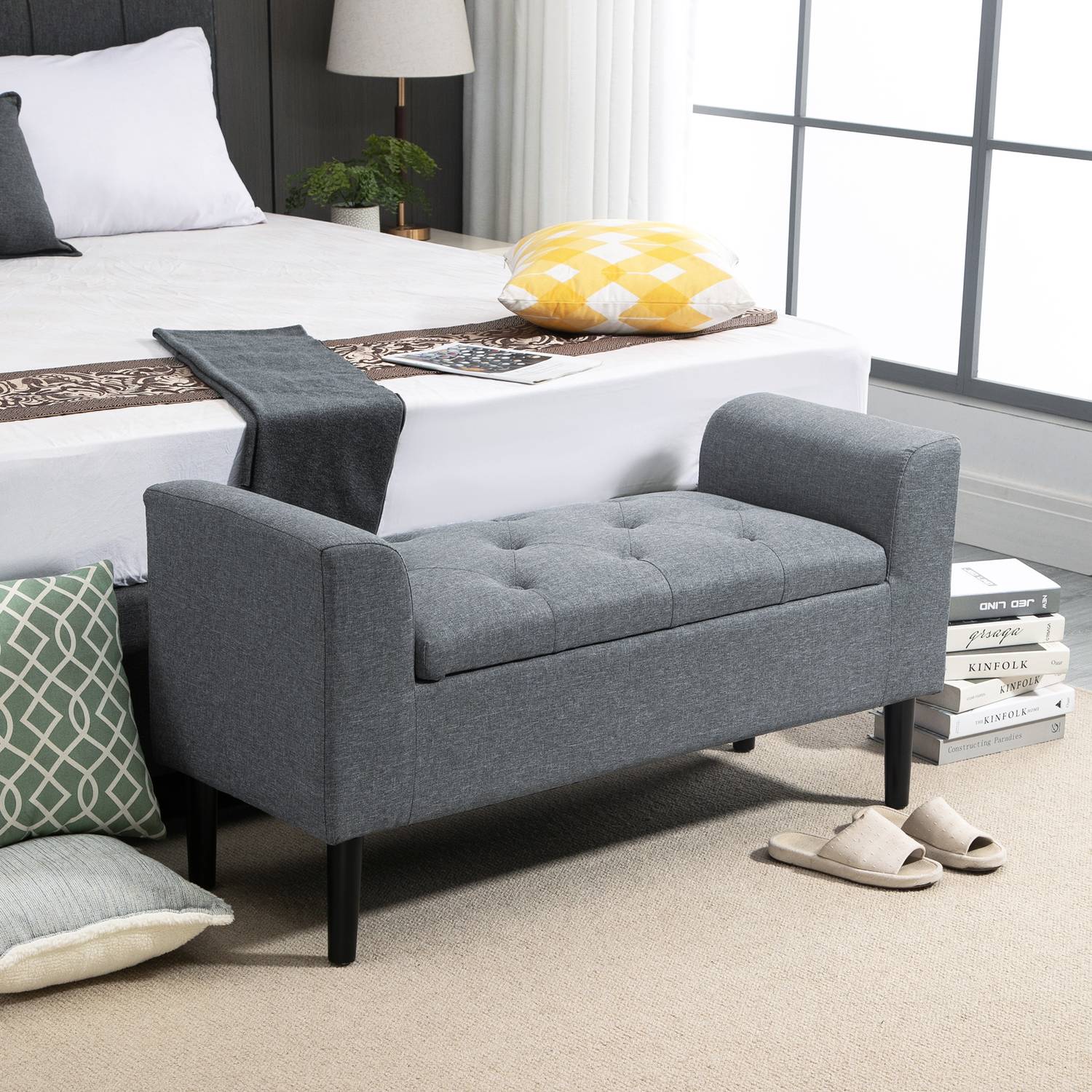 Ljusgrå stoppad bänk, linnelook, träben, 130 kg kapacitet