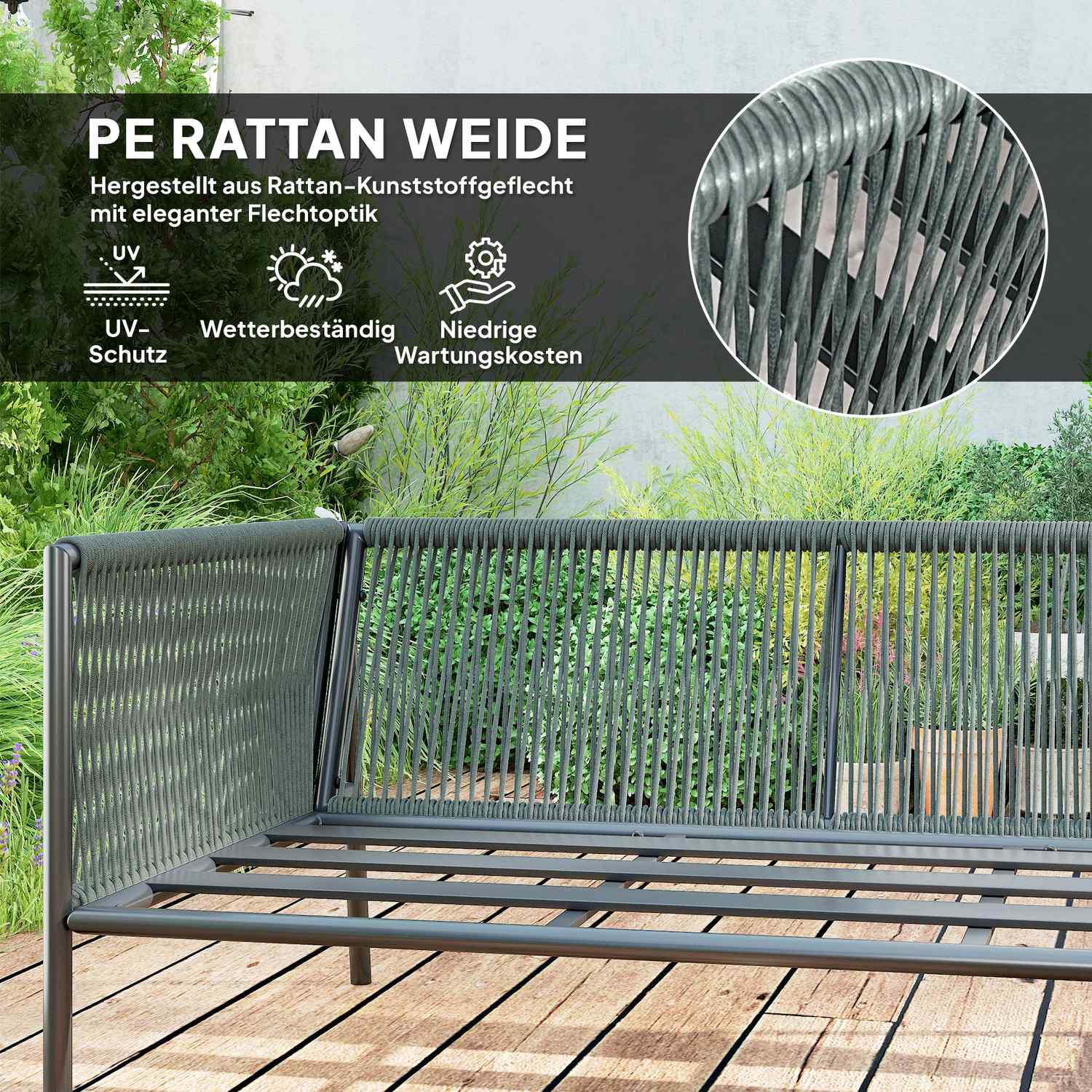 Loungeset i polyrattan utomhus, väderbeständig sittplats för 6 personer