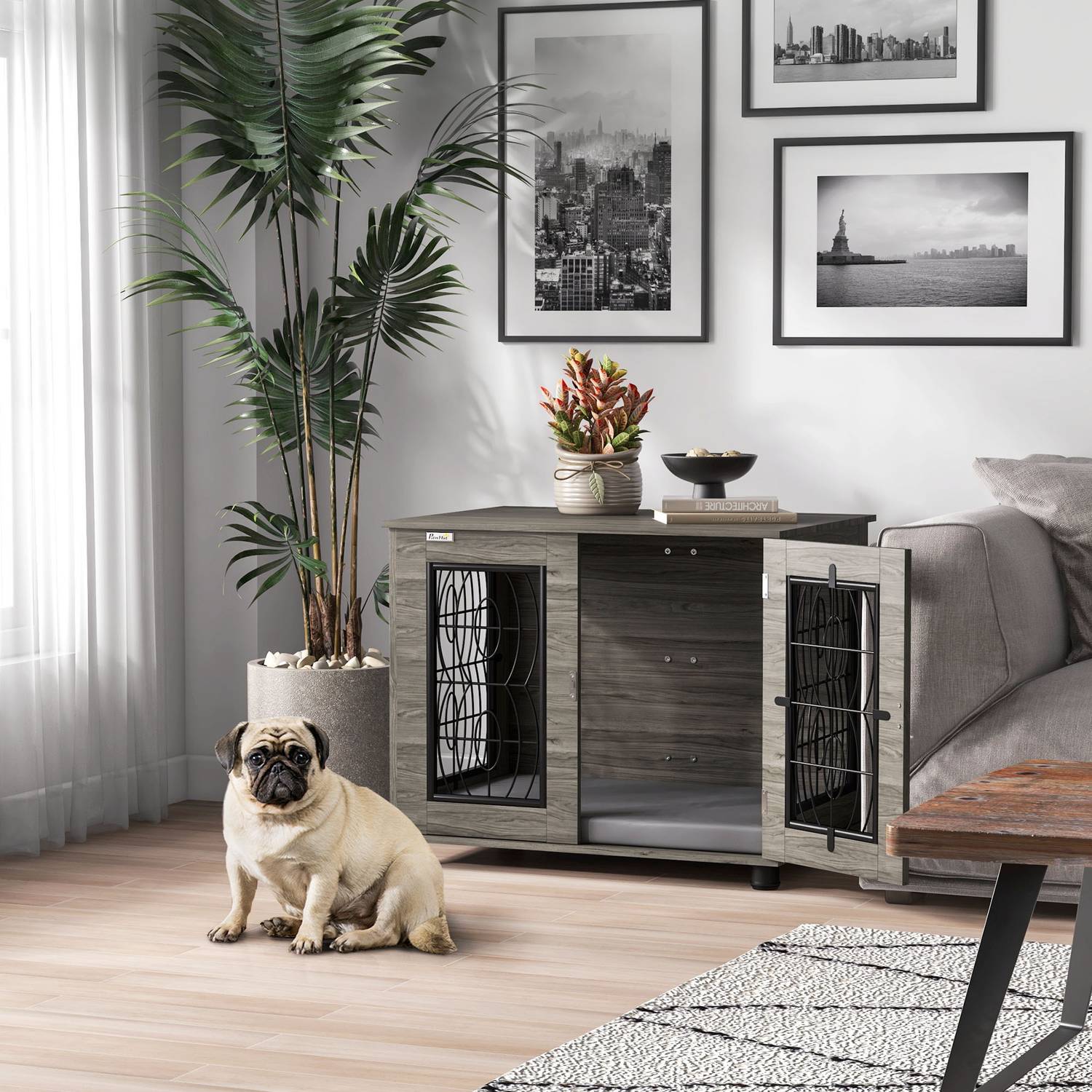 Låsbar Grå Hundkennel med Dyna, 80x56x63cm