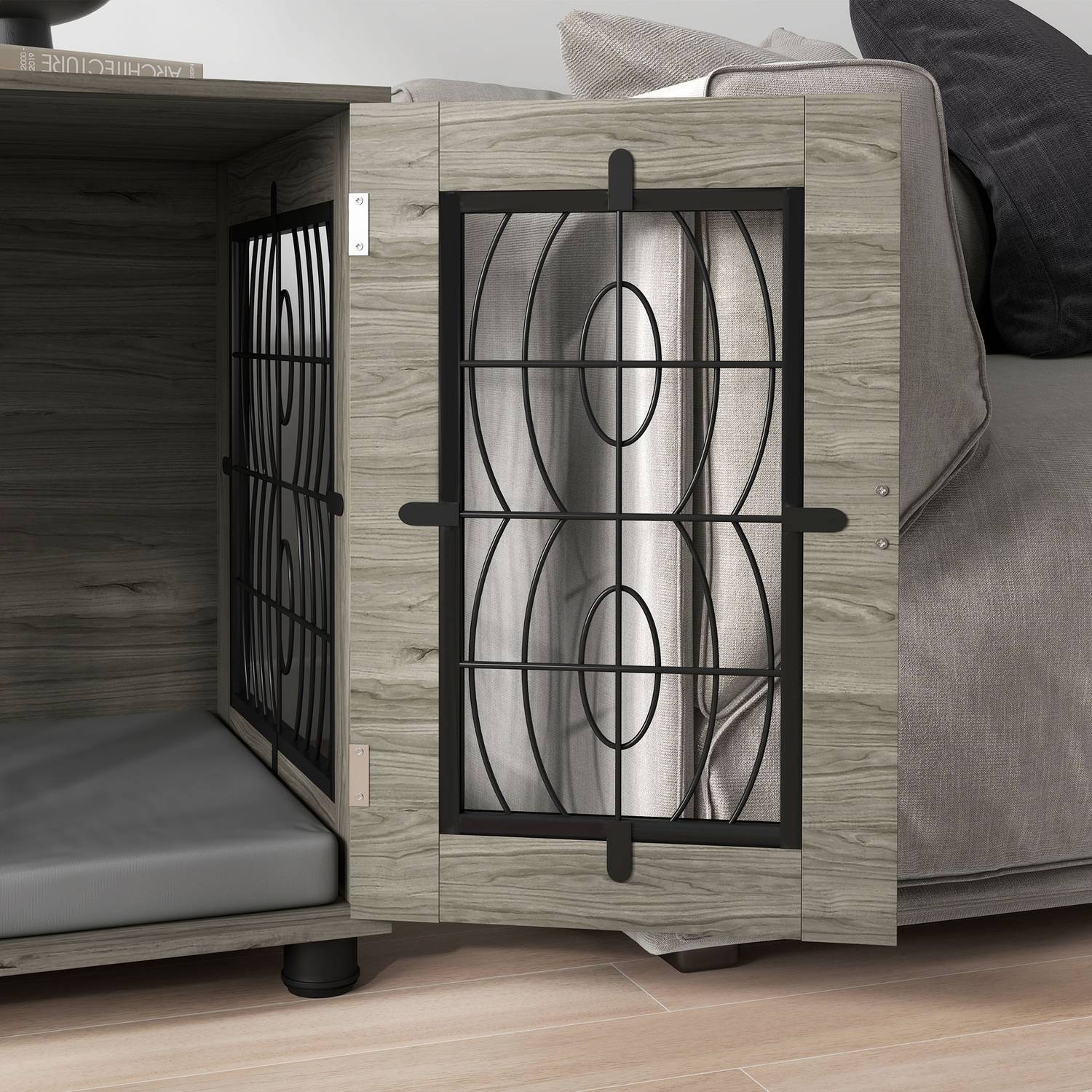 Låsbar Grå Hundkennel med Dyna, 80x56x63cm