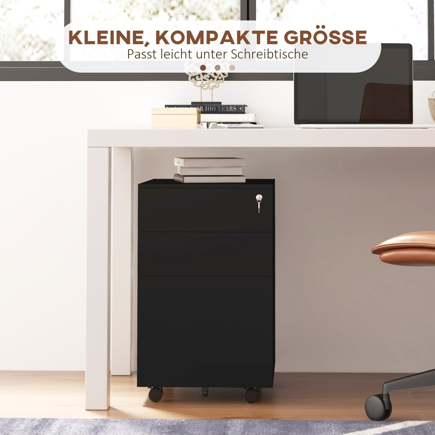 Låsbart arkivskåp i stål, svart, rullbart med bromsar