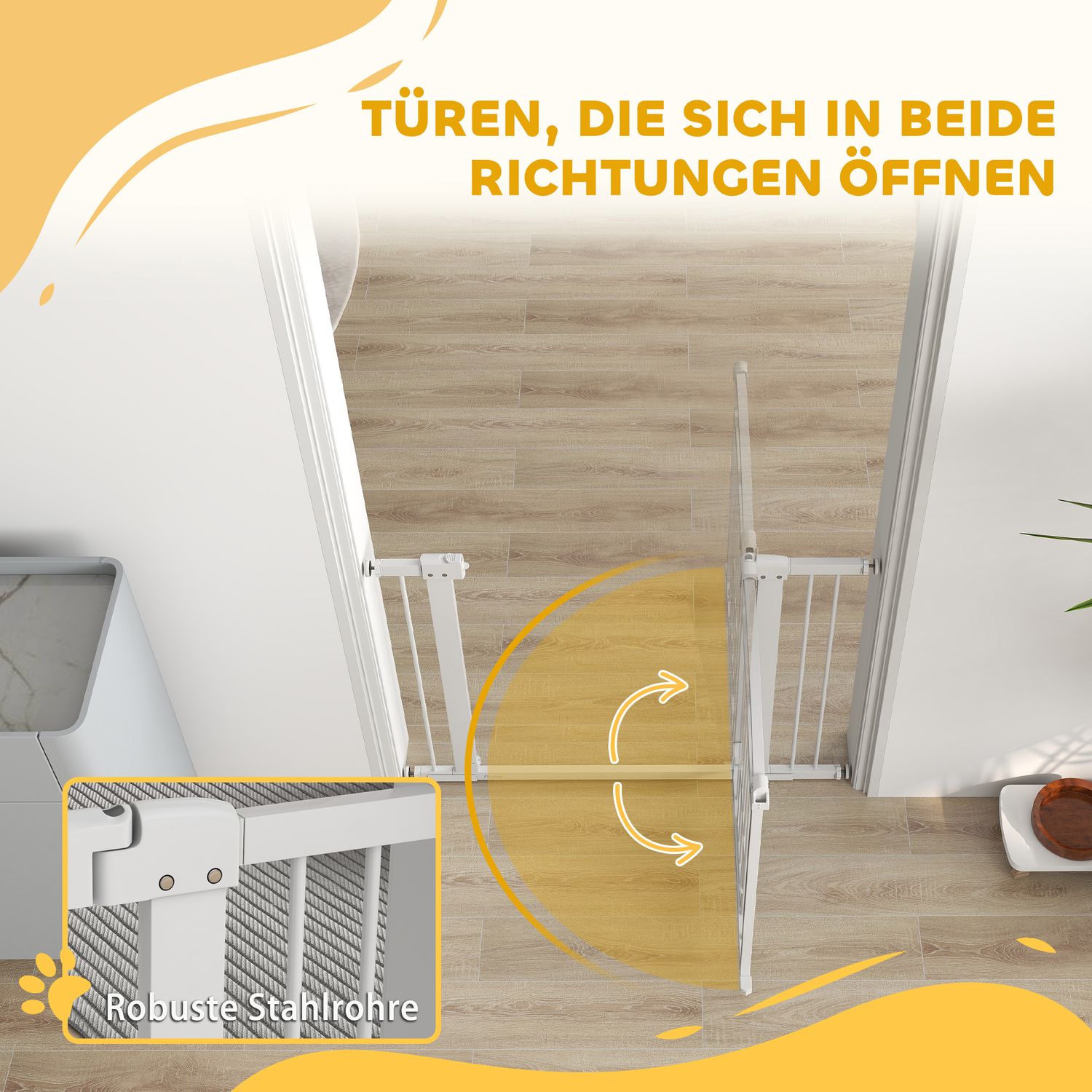 Låsbar trappgrind i stål med kattdörr, 76-104 cm, Vit