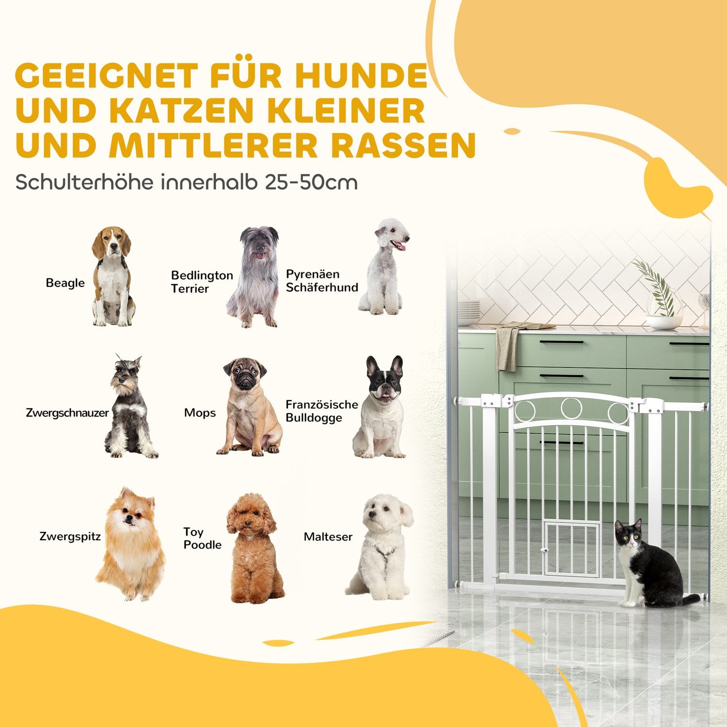 Låsbar trappgrind i stål med kattdörr, 76-104 cm, Vit