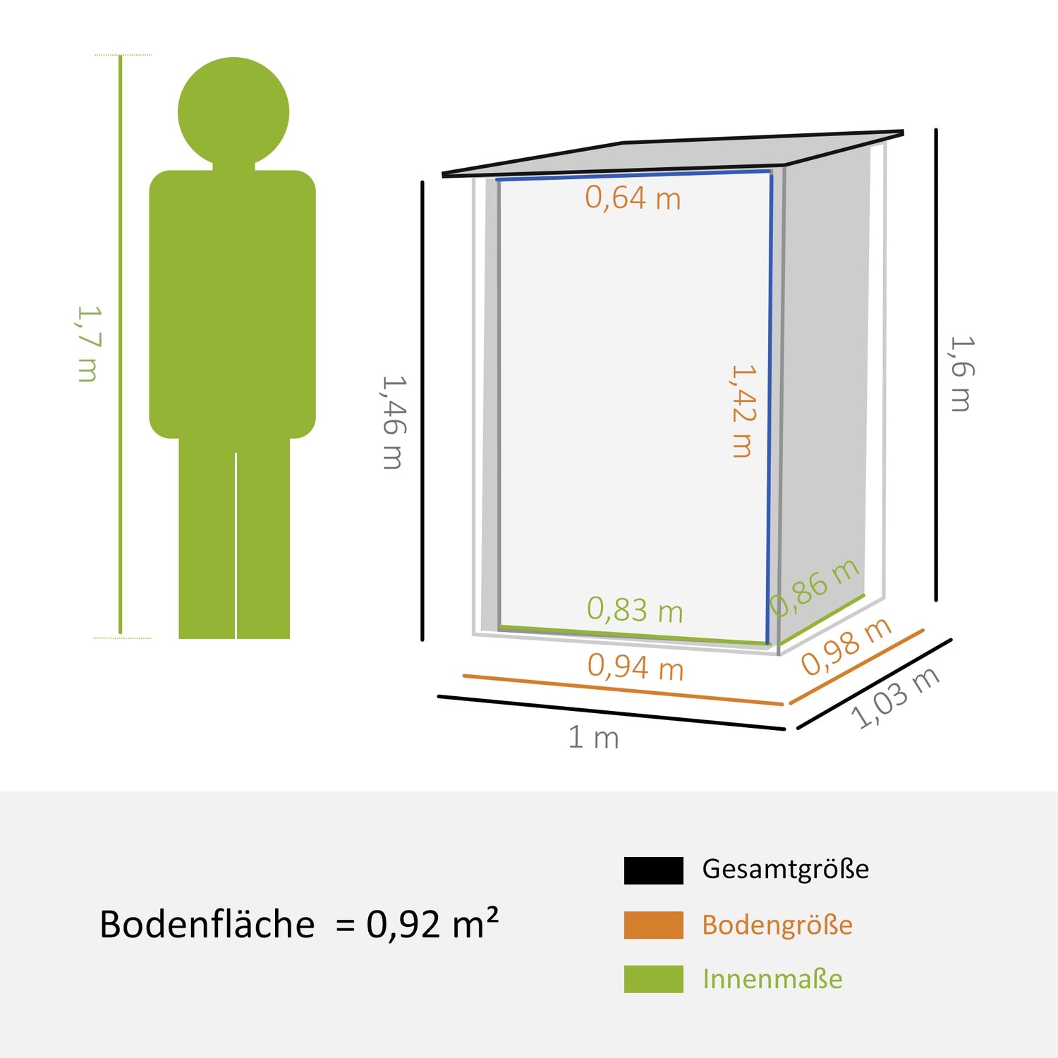 Låsbart trädgårdsskåp i stål, Pent tak, 0,92 m², Grå
