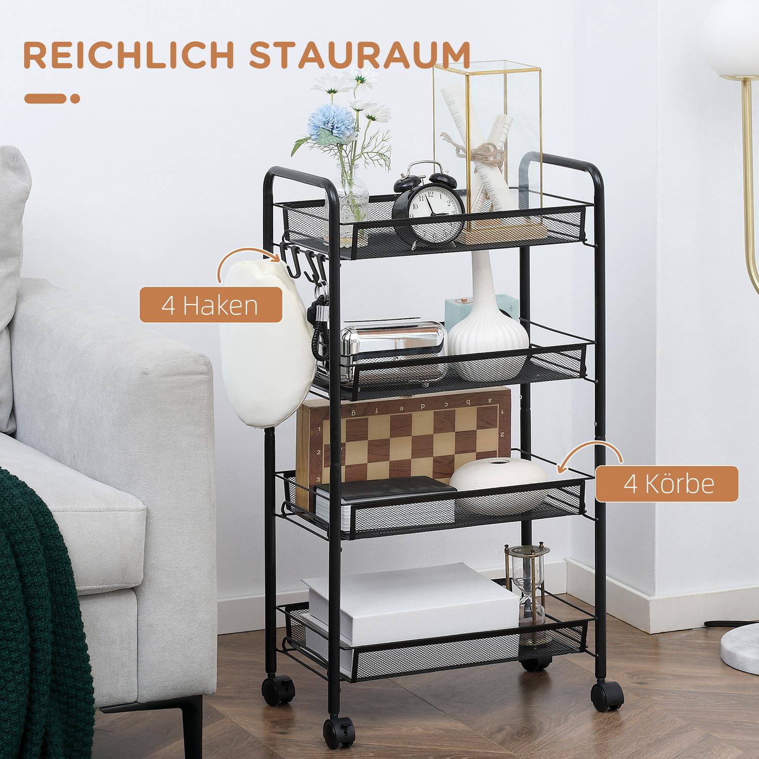 Löstagbar 4-vånings köksvagn i stål med krokar och bromsar