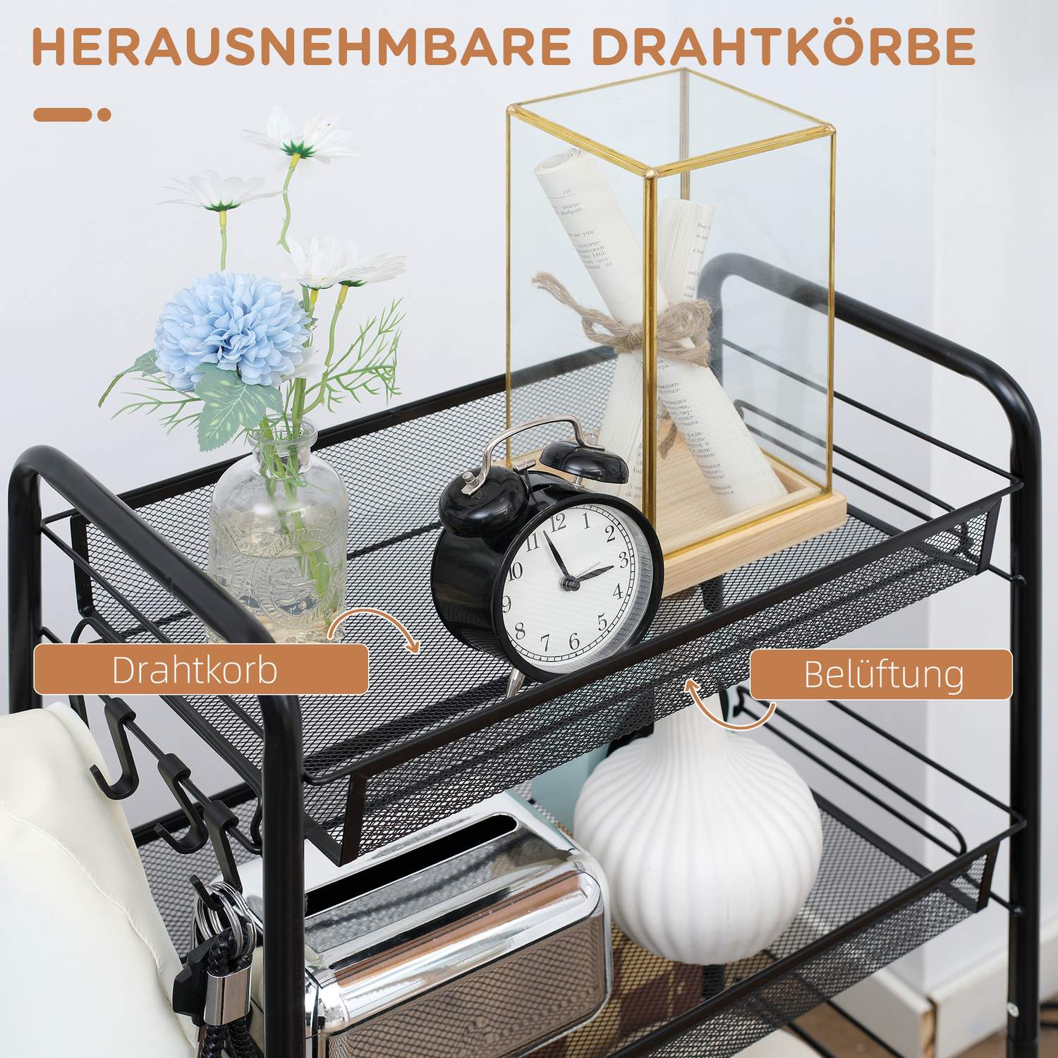 Löstagbar 4-vånings köksvagn i stål med krokar och bromsar