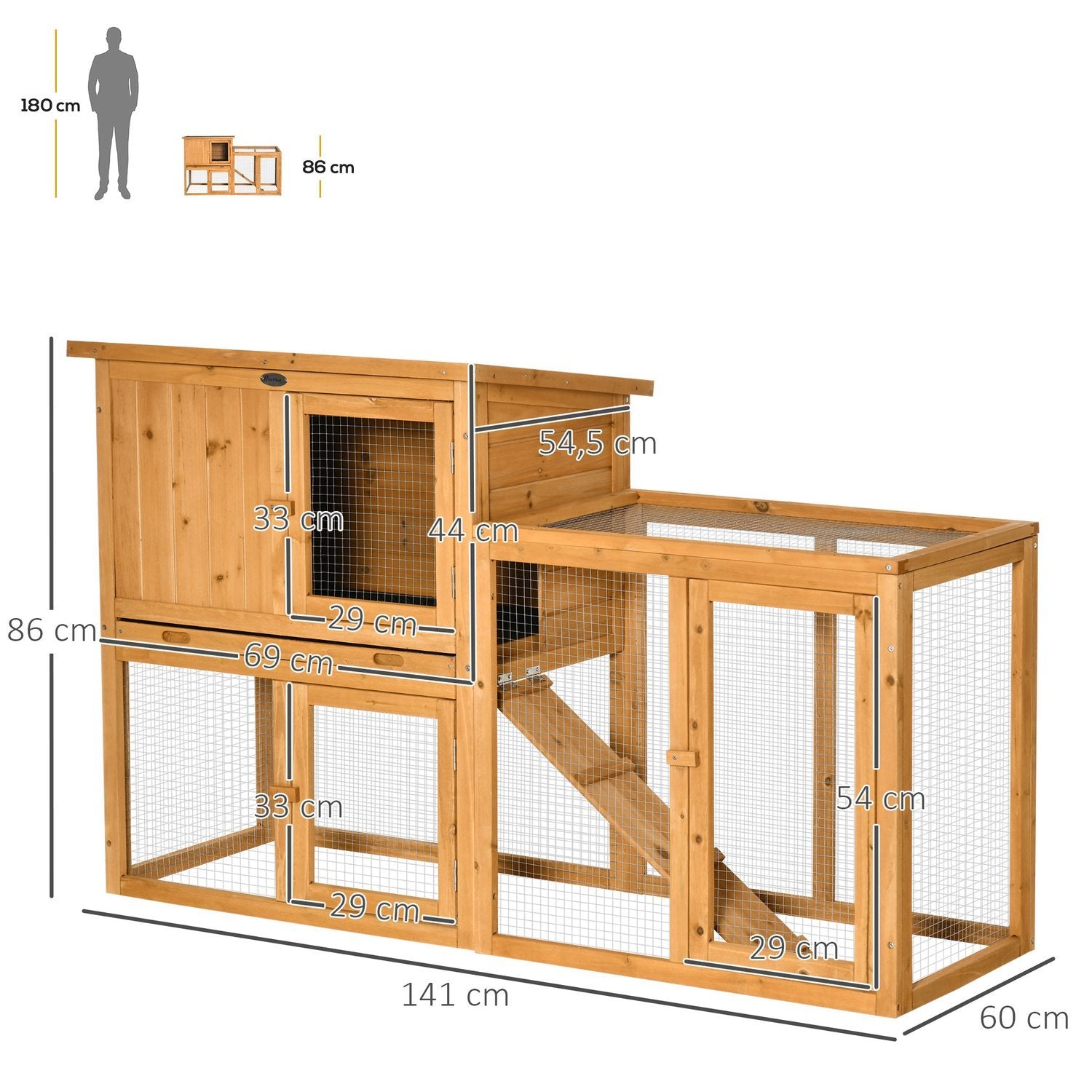 Kaninbur Smådjursbur 141 X 60 X 86 Cm Med Avtagbar Golvbricka Och Ramp Utomhus Inomhus Gran Apelsin