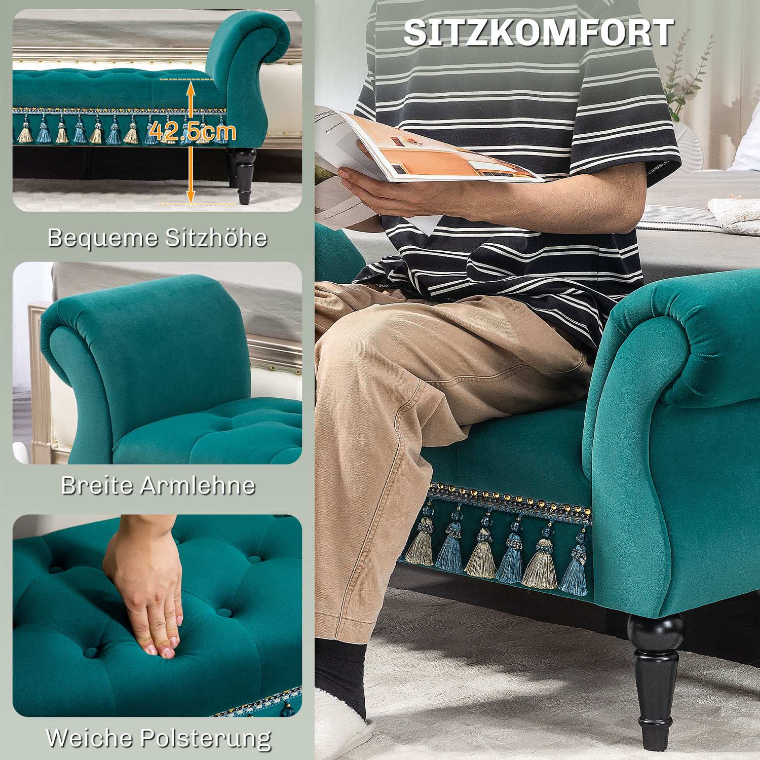 Lyxig sammetsbänk, Grå klädsel – Vardagsrum/sovrum