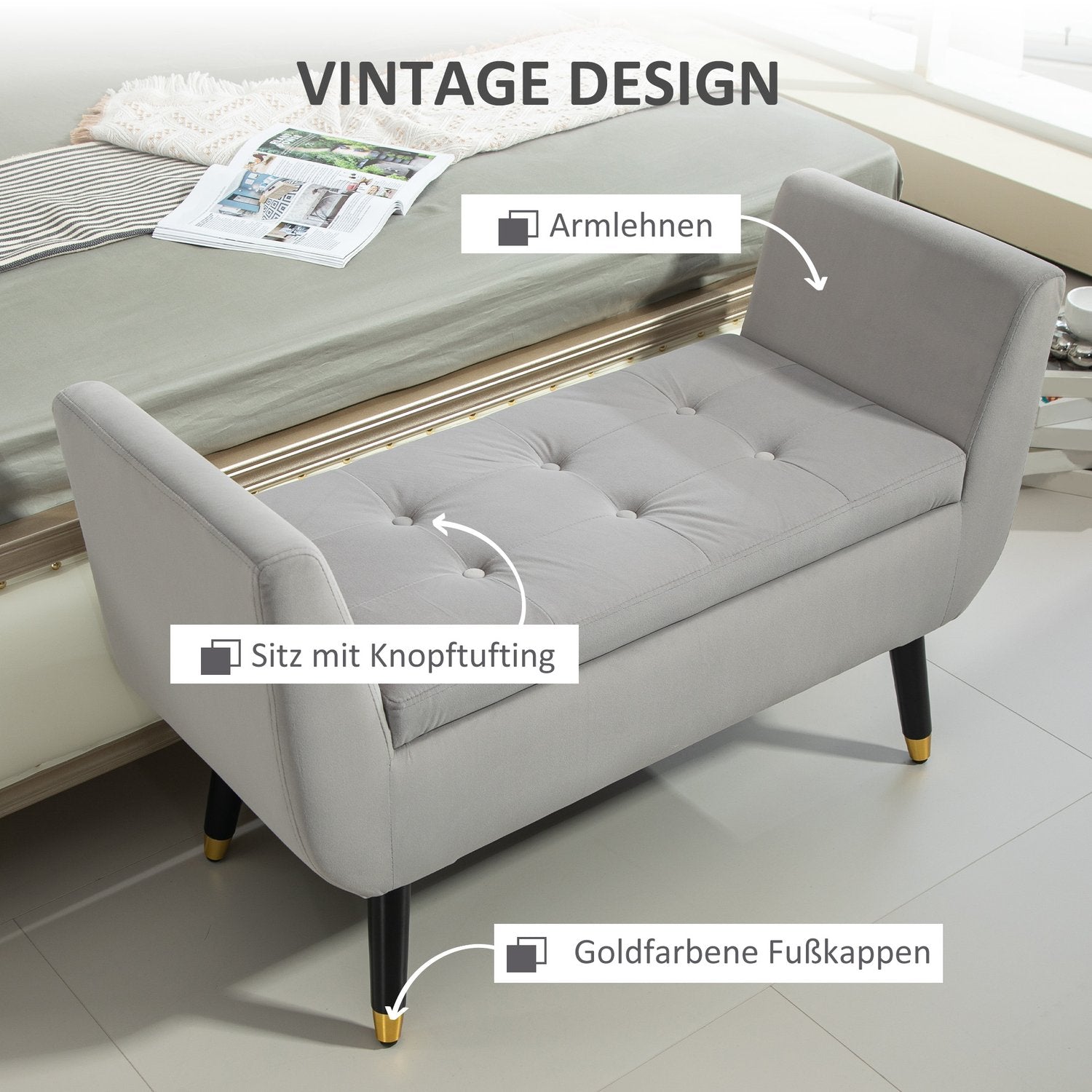 Lyxklädd förvaringsbänk, armstöd, ljusgrå