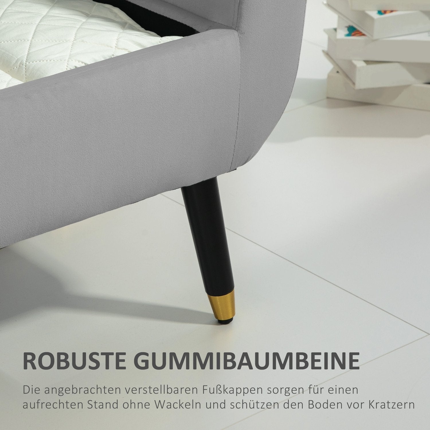 Lyxklädd förvaringsbänk, armstöd, ljusgrå