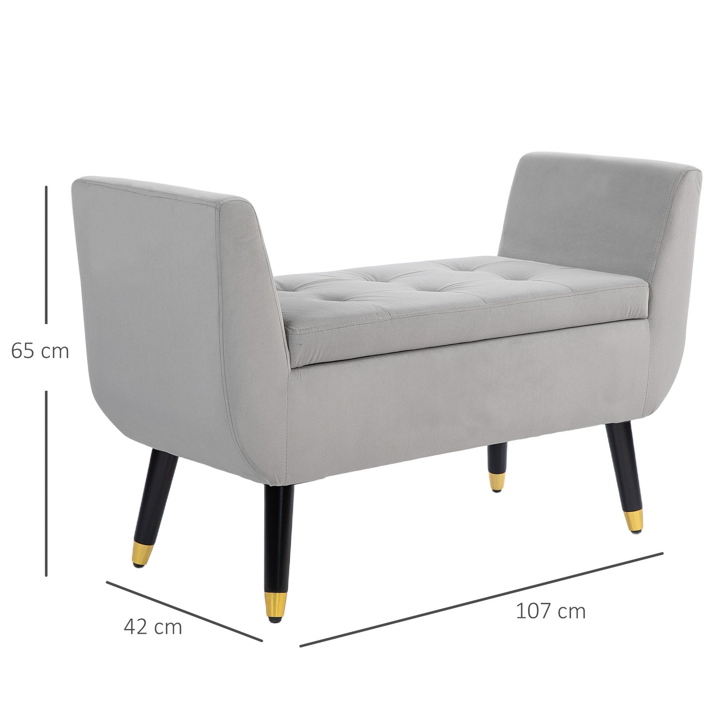 Lyxklädd förvaringsbänk, armstöd, ljusgrå