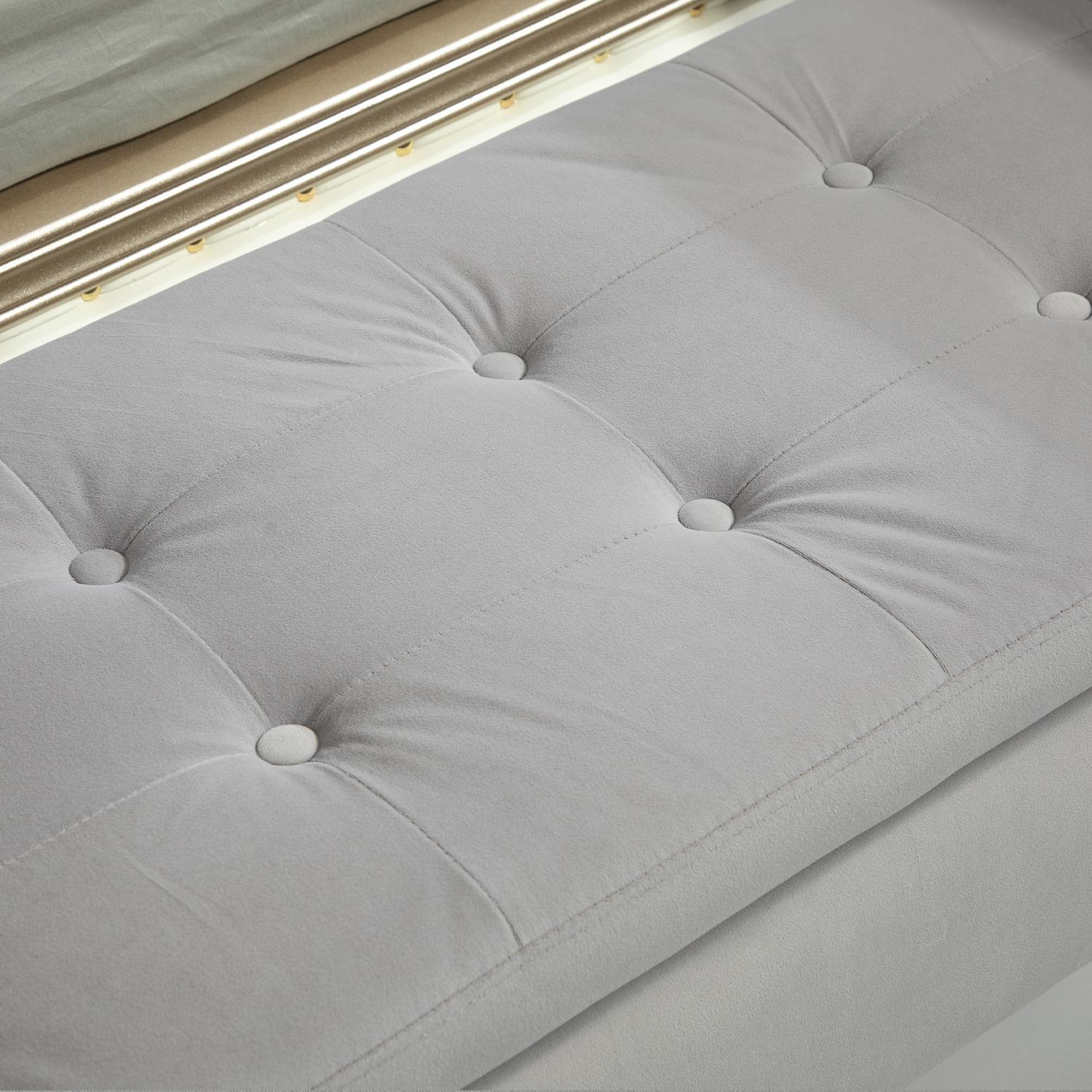 Lyxklädd förvaringsbänk, armstöd, ljusgrå