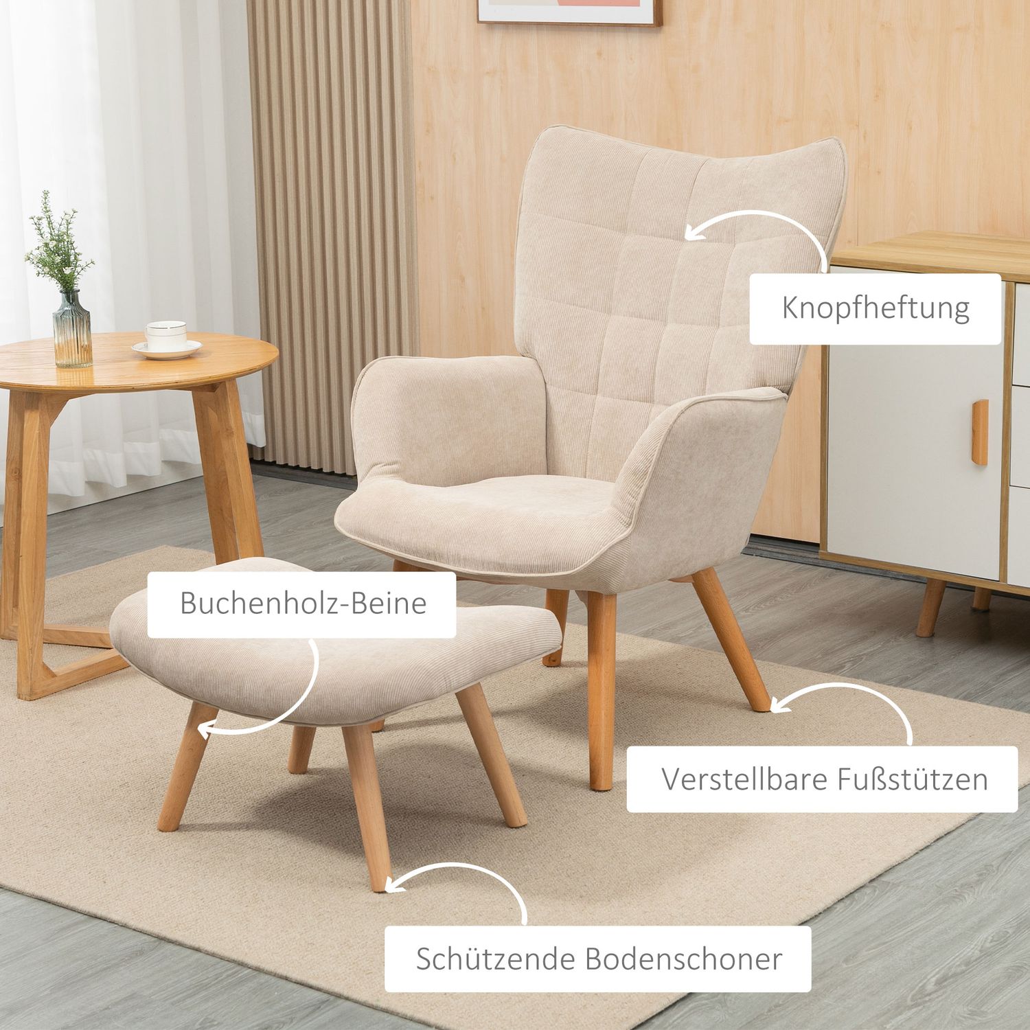 Manchester Lounge Wing Chair med ottomansk, beige klädsel