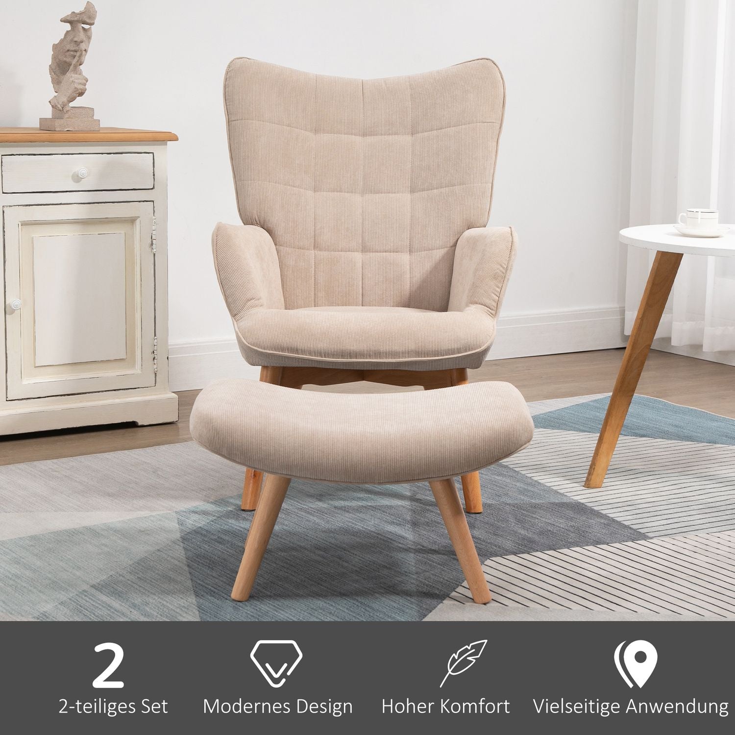 Manchester Lounge Wing Chair med ottomansk, beige klädsel