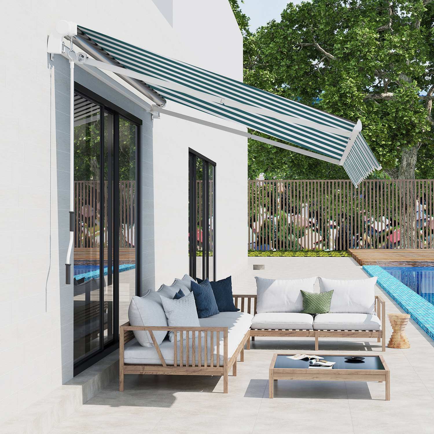 Manuell fällbar balkongmarkis, 4m, Solskydd, Vit/Grön